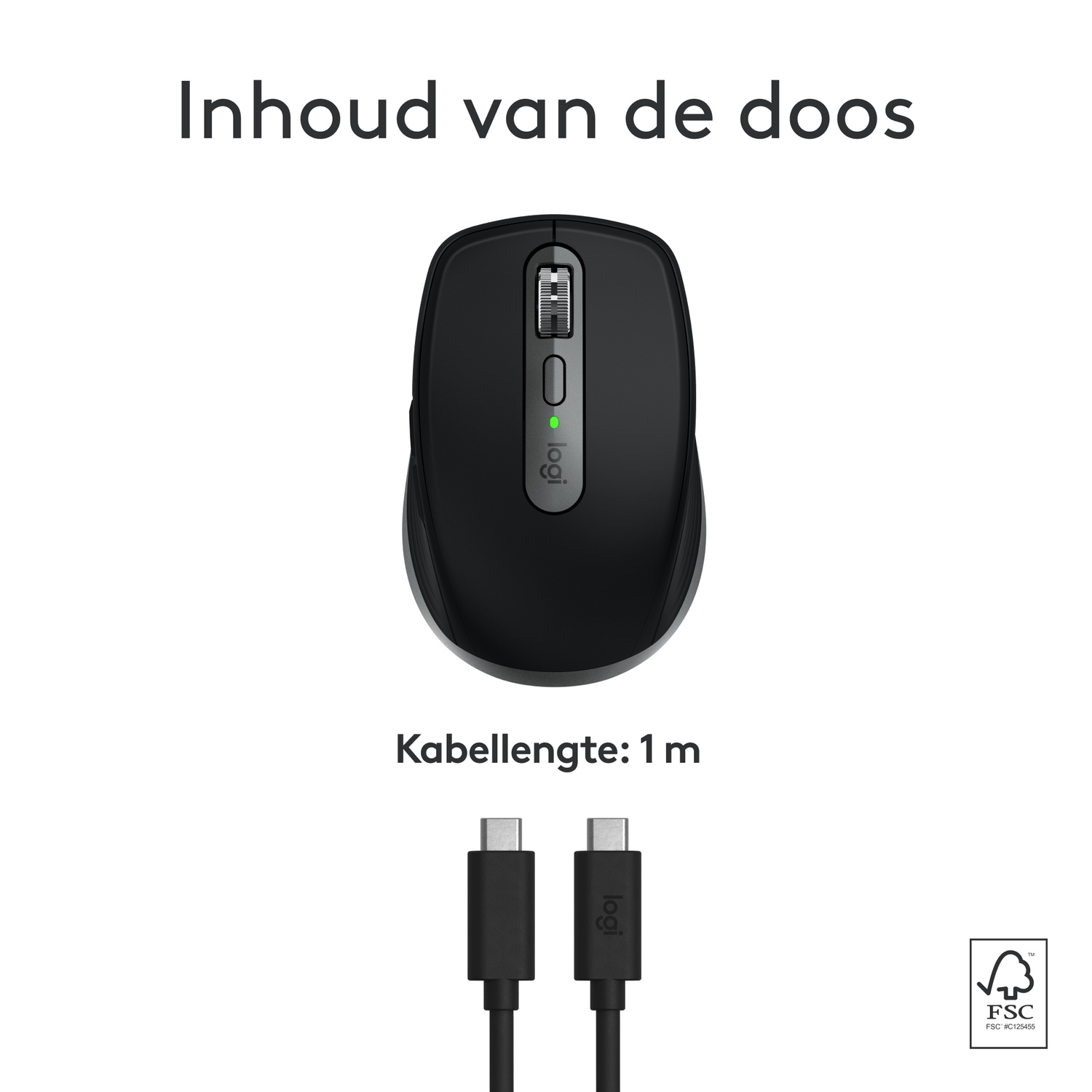 Black mouse, Logitech brand. Includes a USB-C cable.