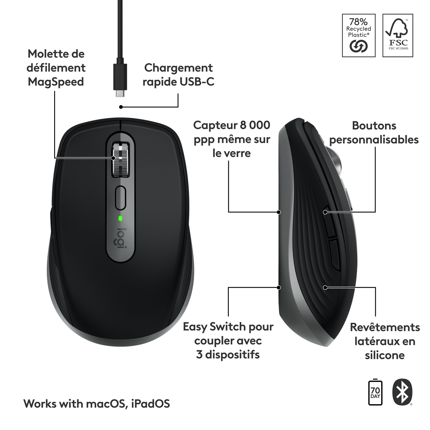Une souris d'ordinateur noire avec plusieurs boutons et un câble USB-C.