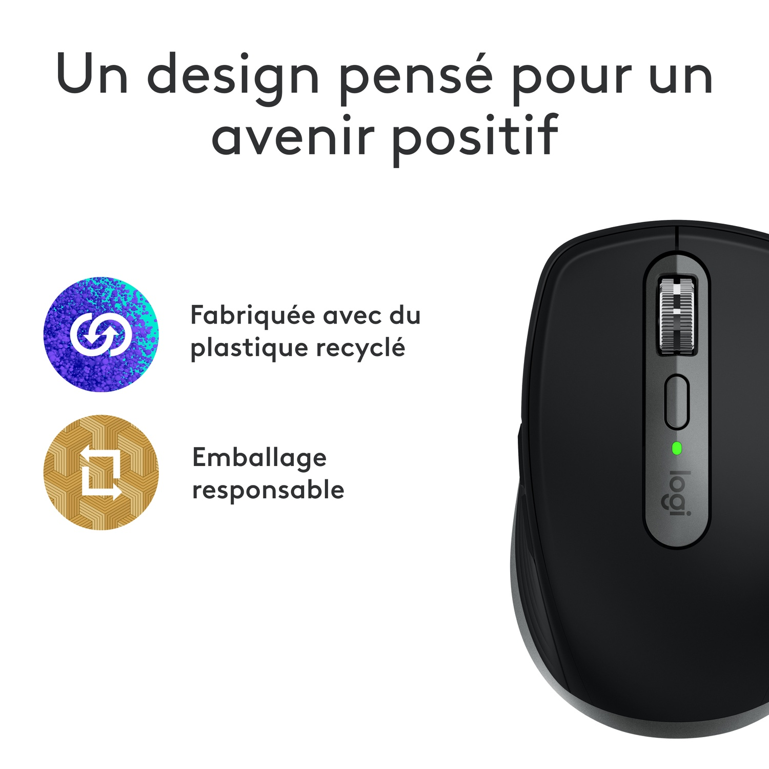 Une souris noire avec une molette et des boutons latéraux. Elle a une lumière verte.