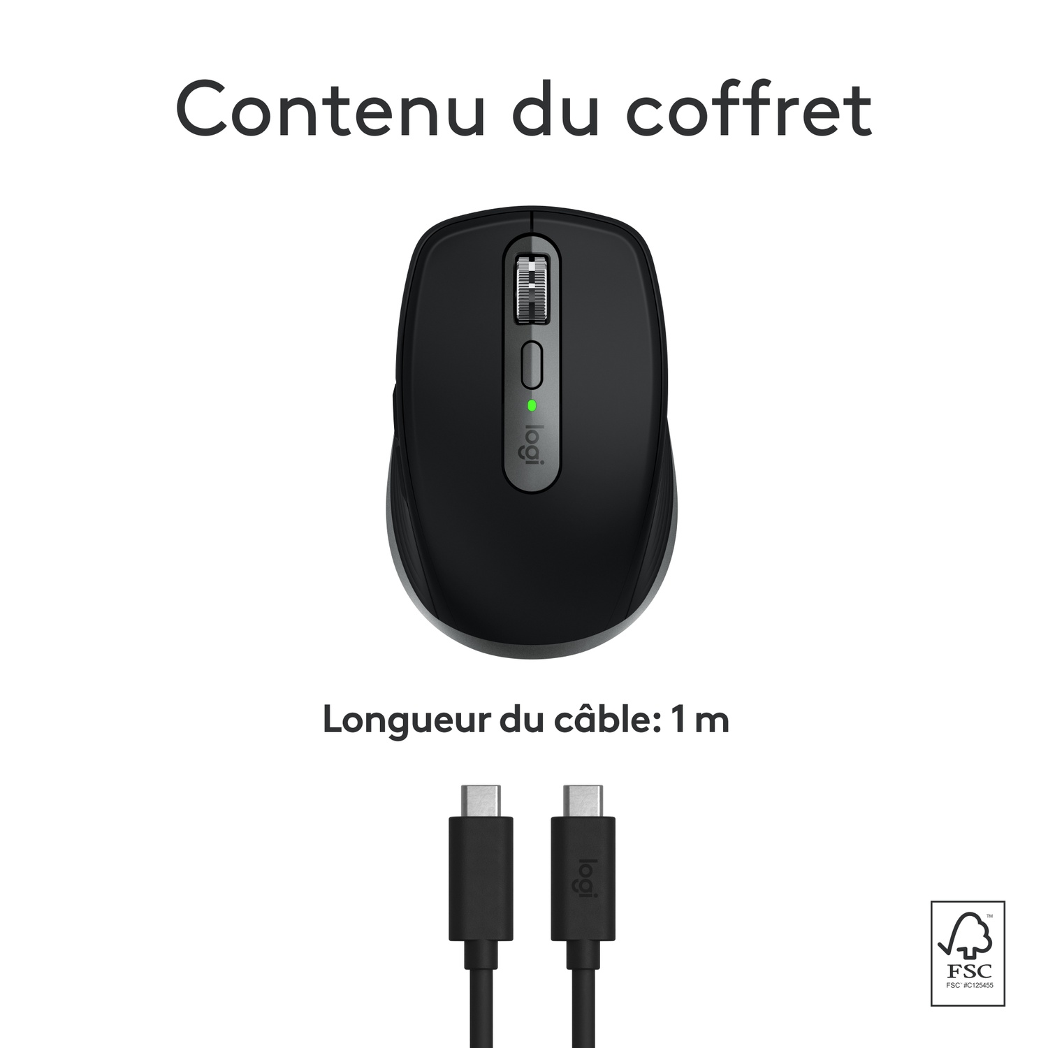 Une souris noire et deux câbles USB noirs. La souris a une molette et un logo.