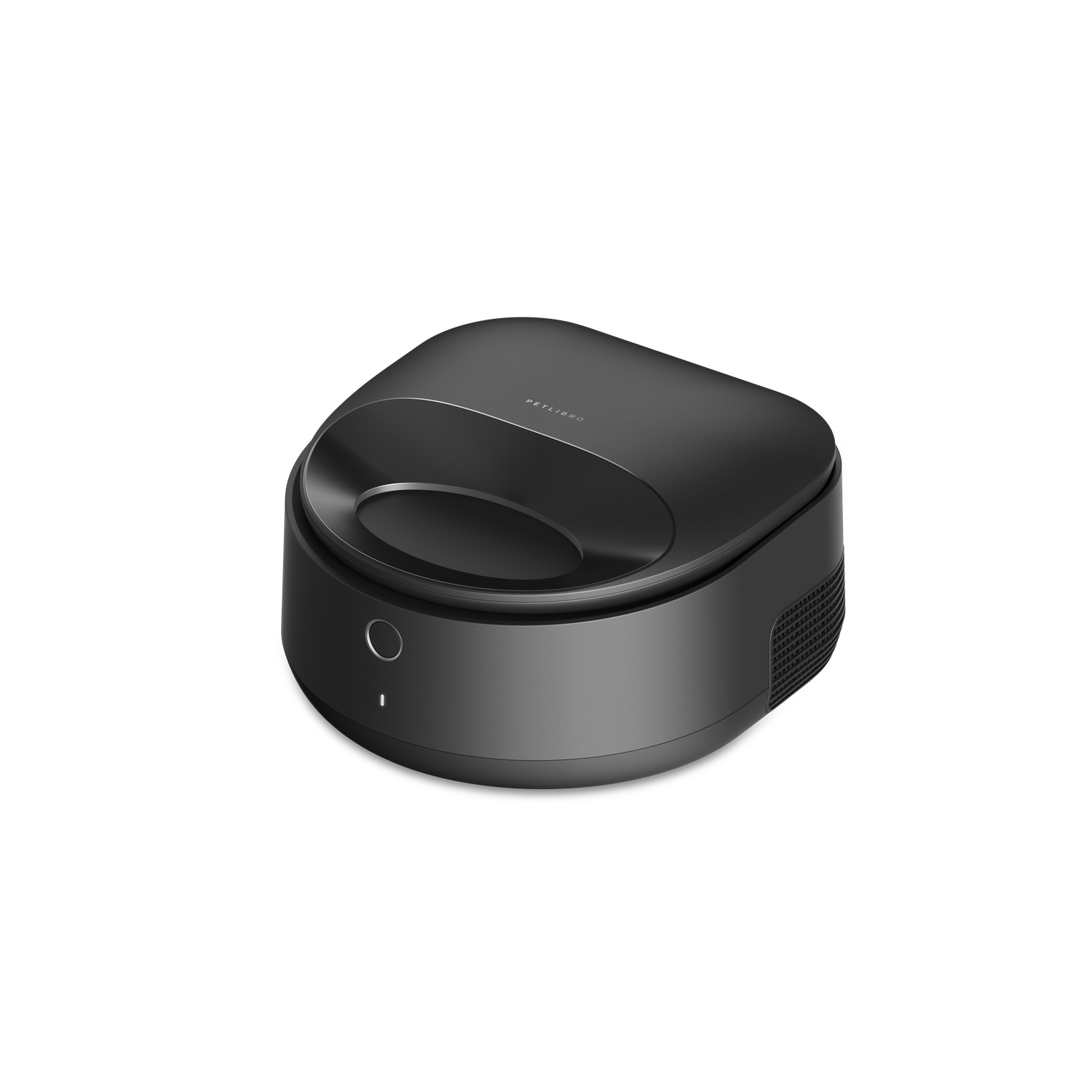 Black, rounded-corner device with a single button.