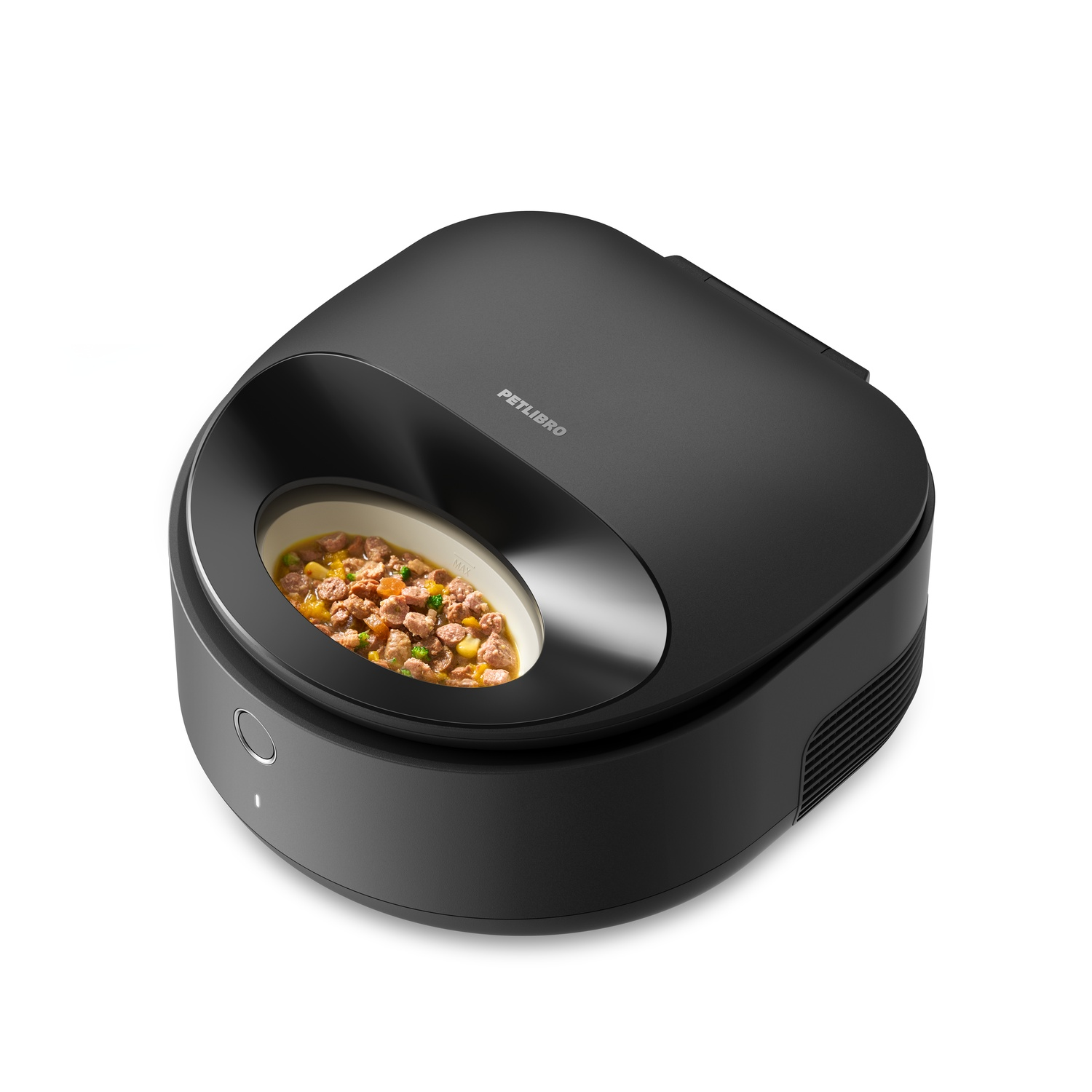Black pet food dispenser with a bowl of food inside. The background is white.