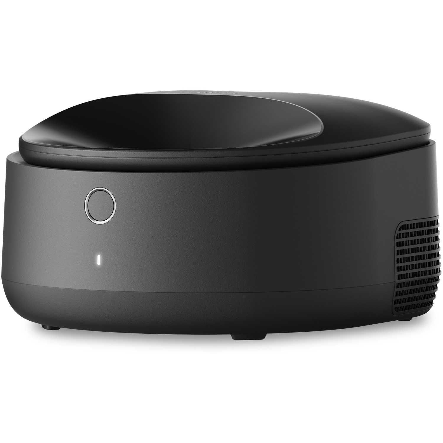 A black, oval-shaped device. It has a power button and a small light. The surface is smooth.