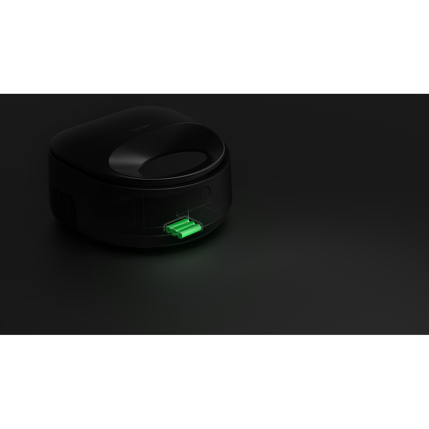Black device with green illuminated battery indicator. The device is on a dark surface.