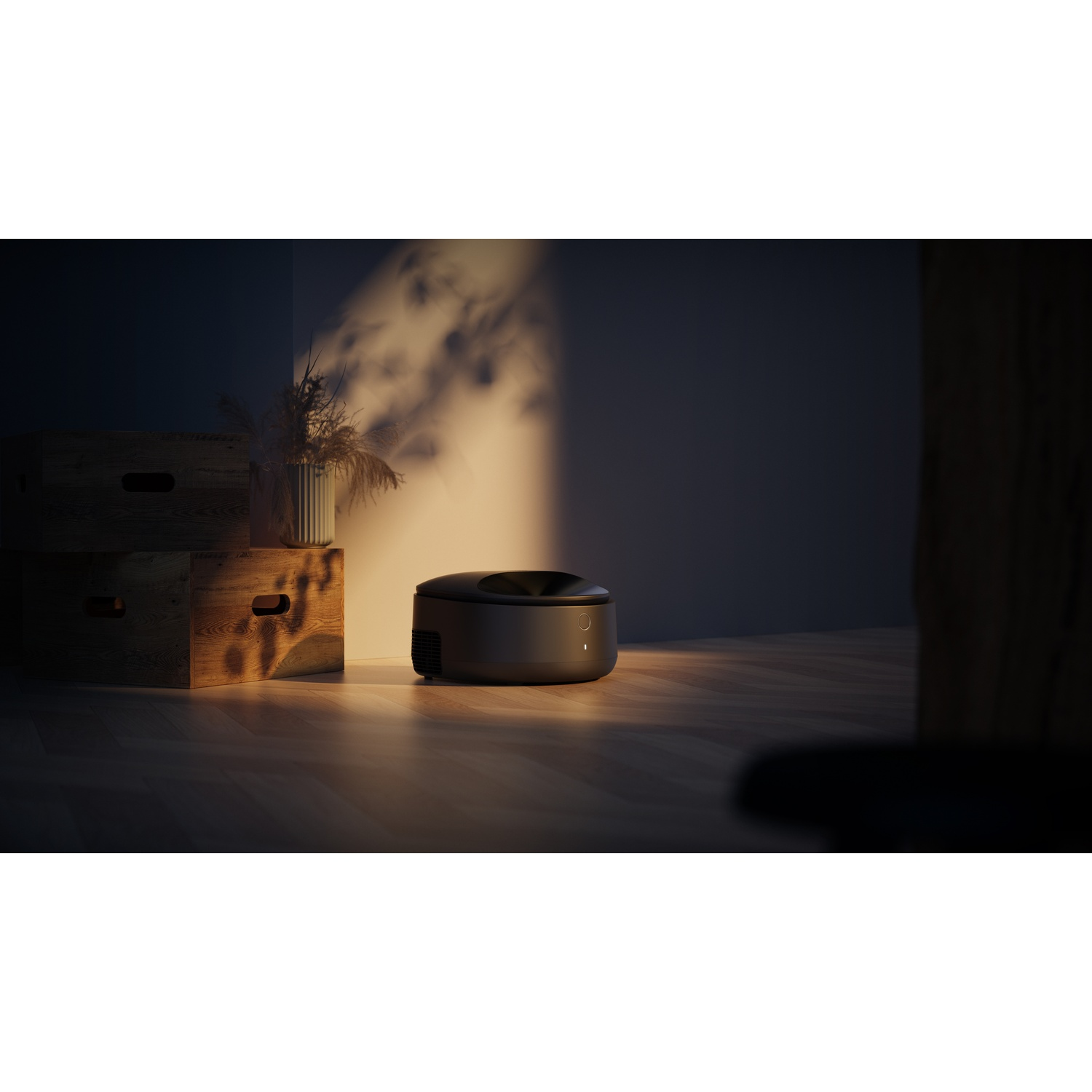 Dark, moody scene with a black device and wooden crates.