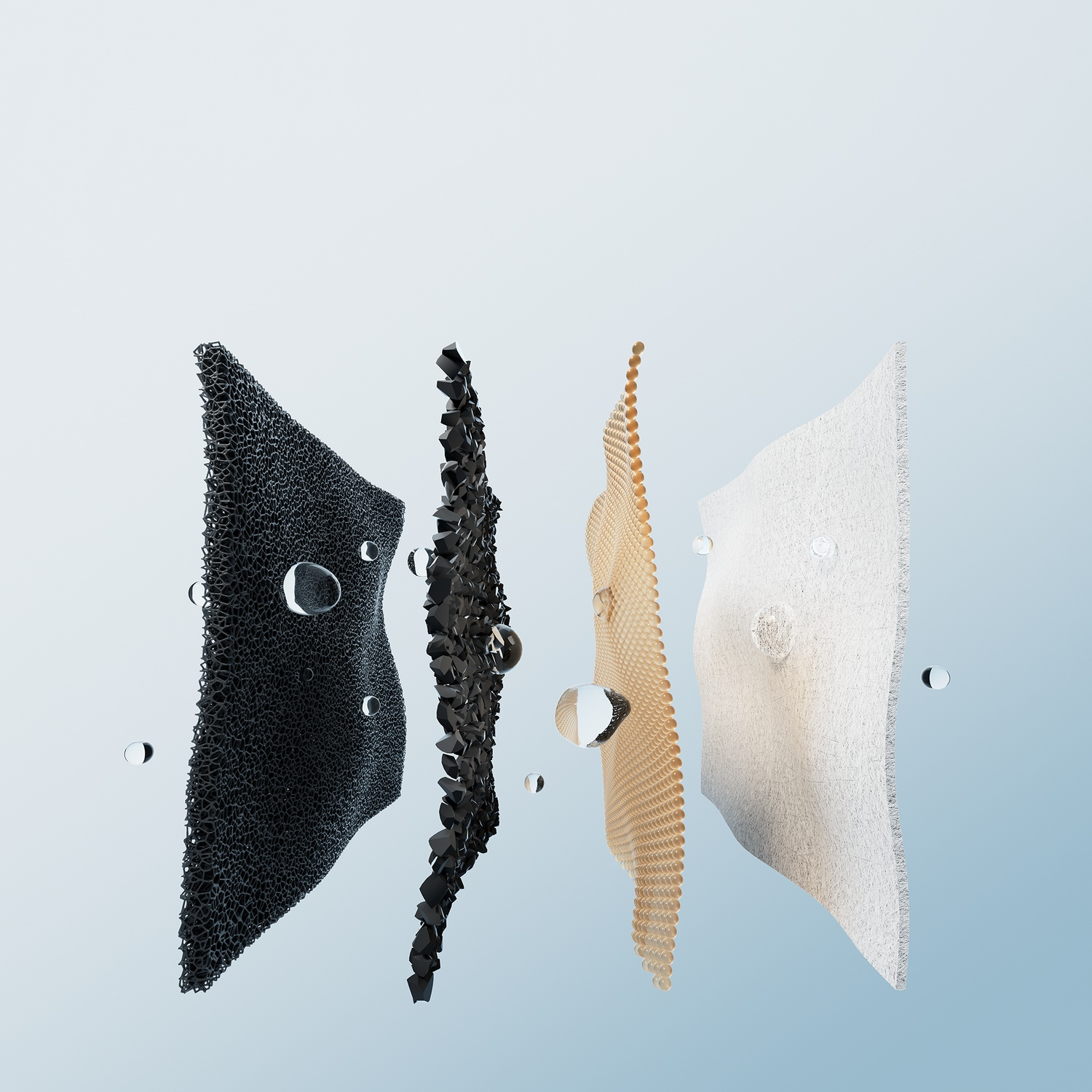 Four filter layers are displayed, with water droplets, against a light blue background.