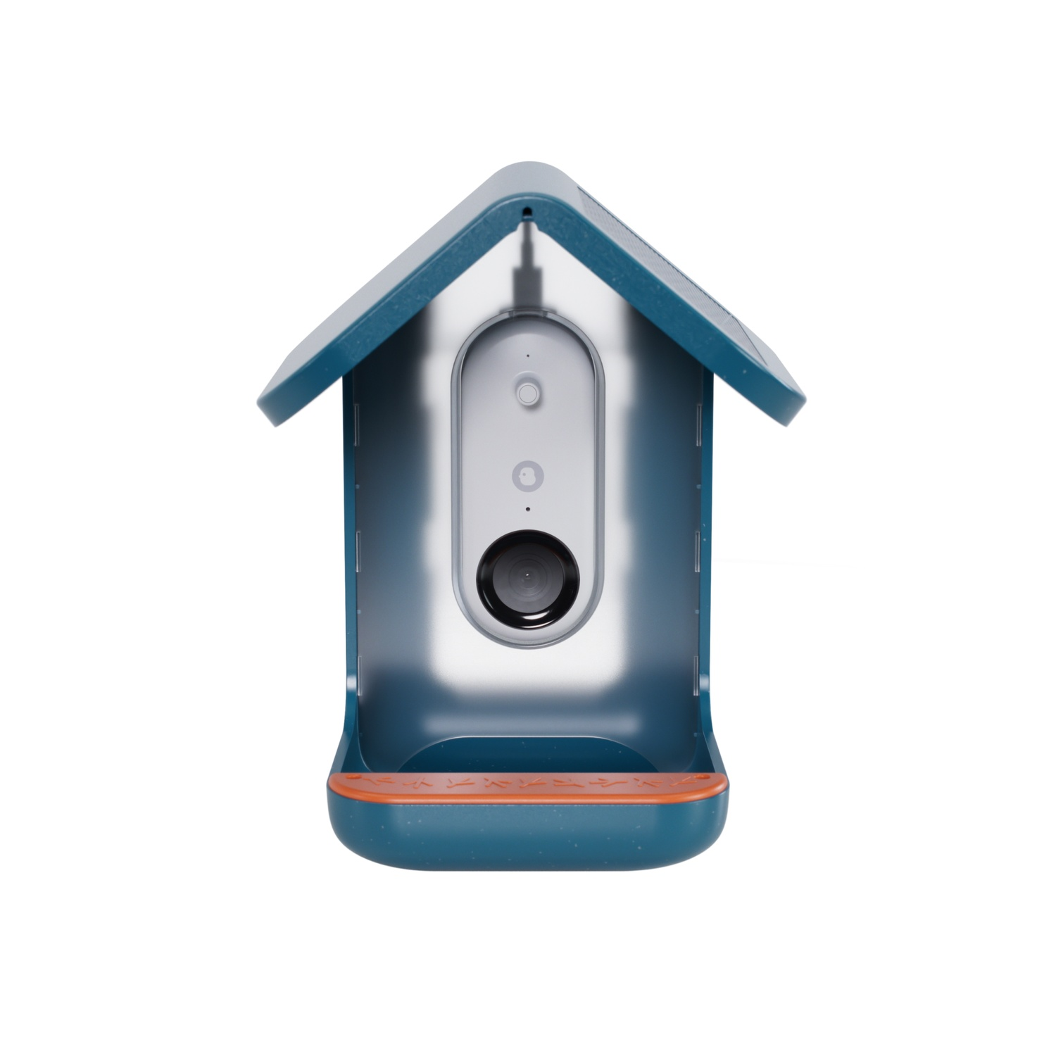 A birdhouse-shaped smart camera, teal and white, with a camera lens.