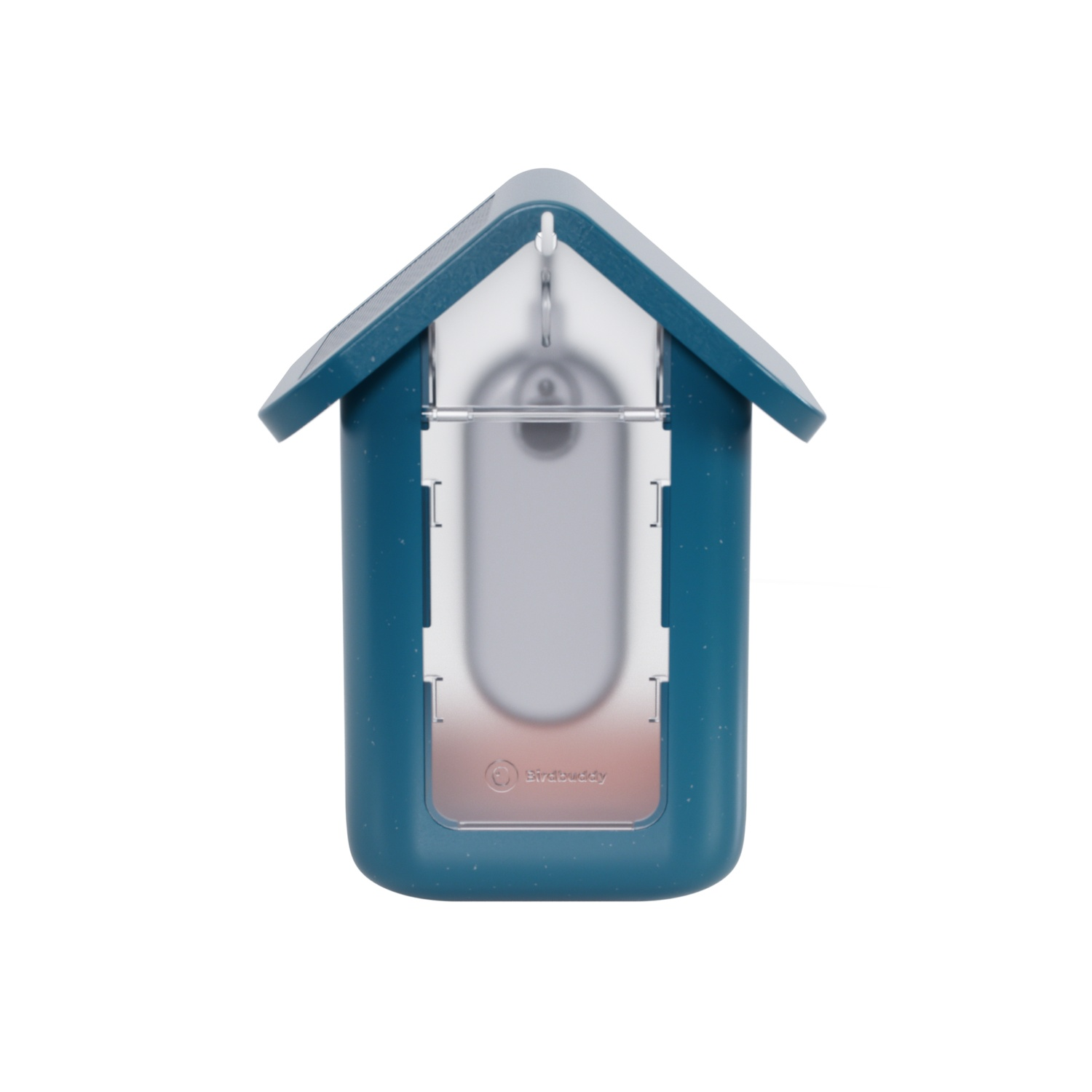 Blue and white swab holder in a house shape, with a swab inside.