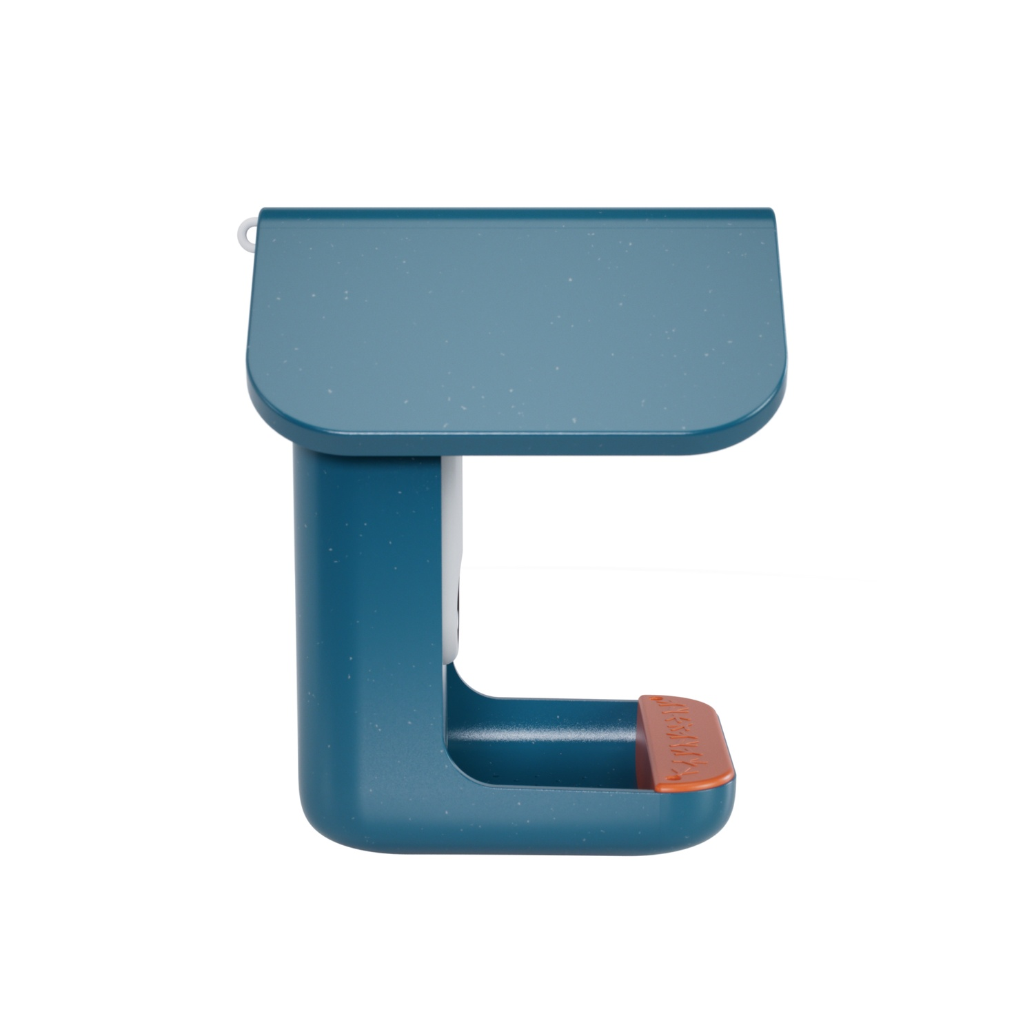A blue and white bird feeder with a roof-like top and a small perch. Studio shot, white background.