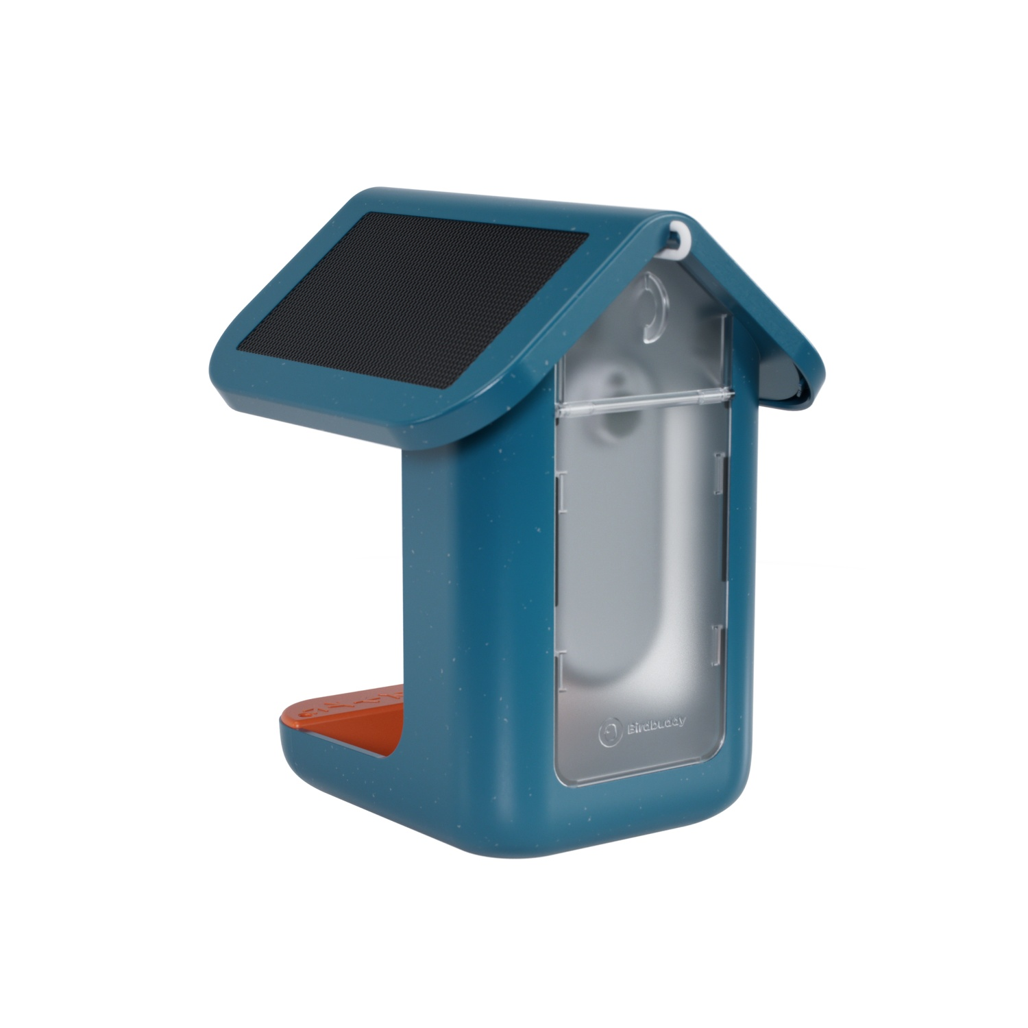 Blue bird feeder with a solar panel, and a clear plastic container section.
