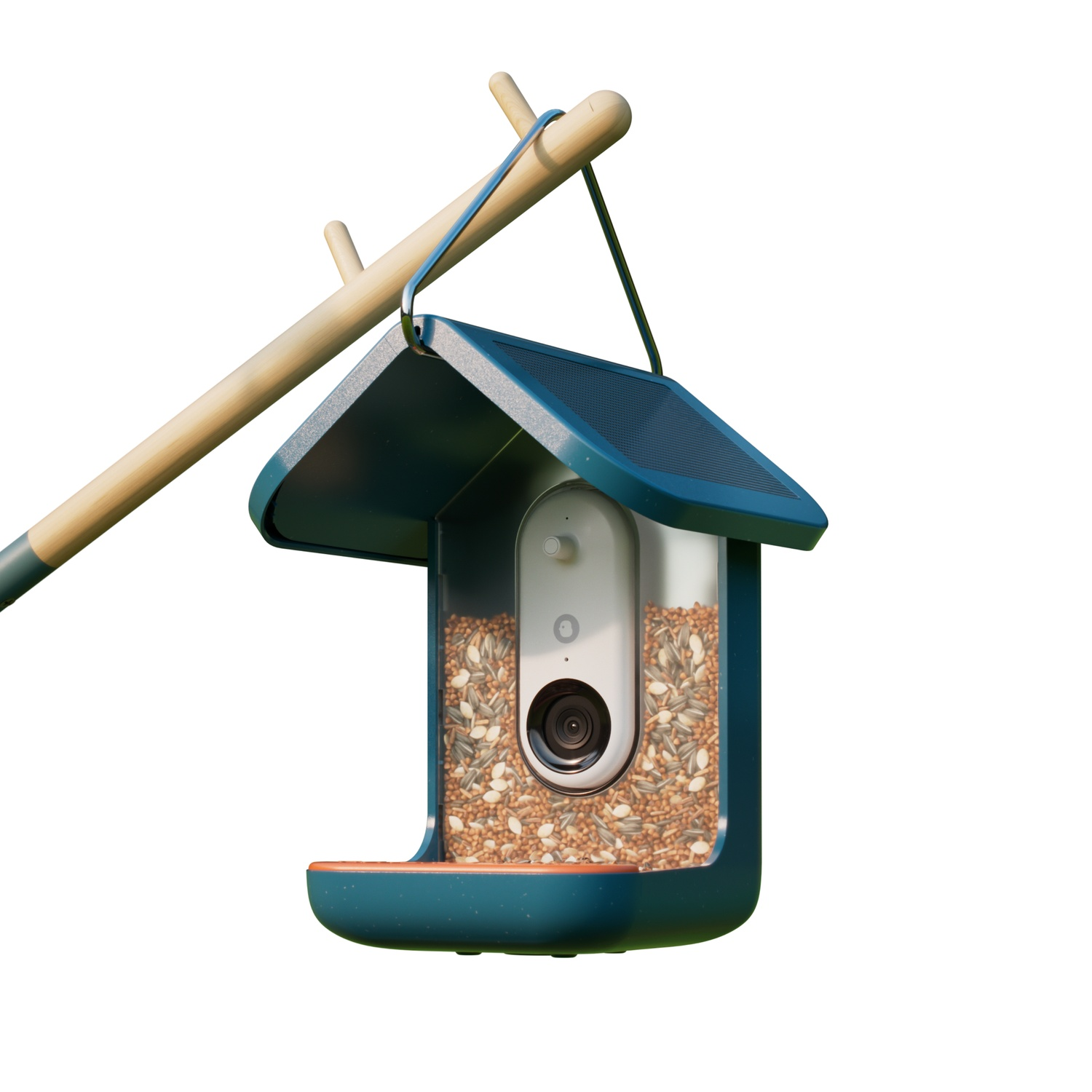 A bird feeder with a camera, filled with seeds, hanging from a wooden pole against a white background.