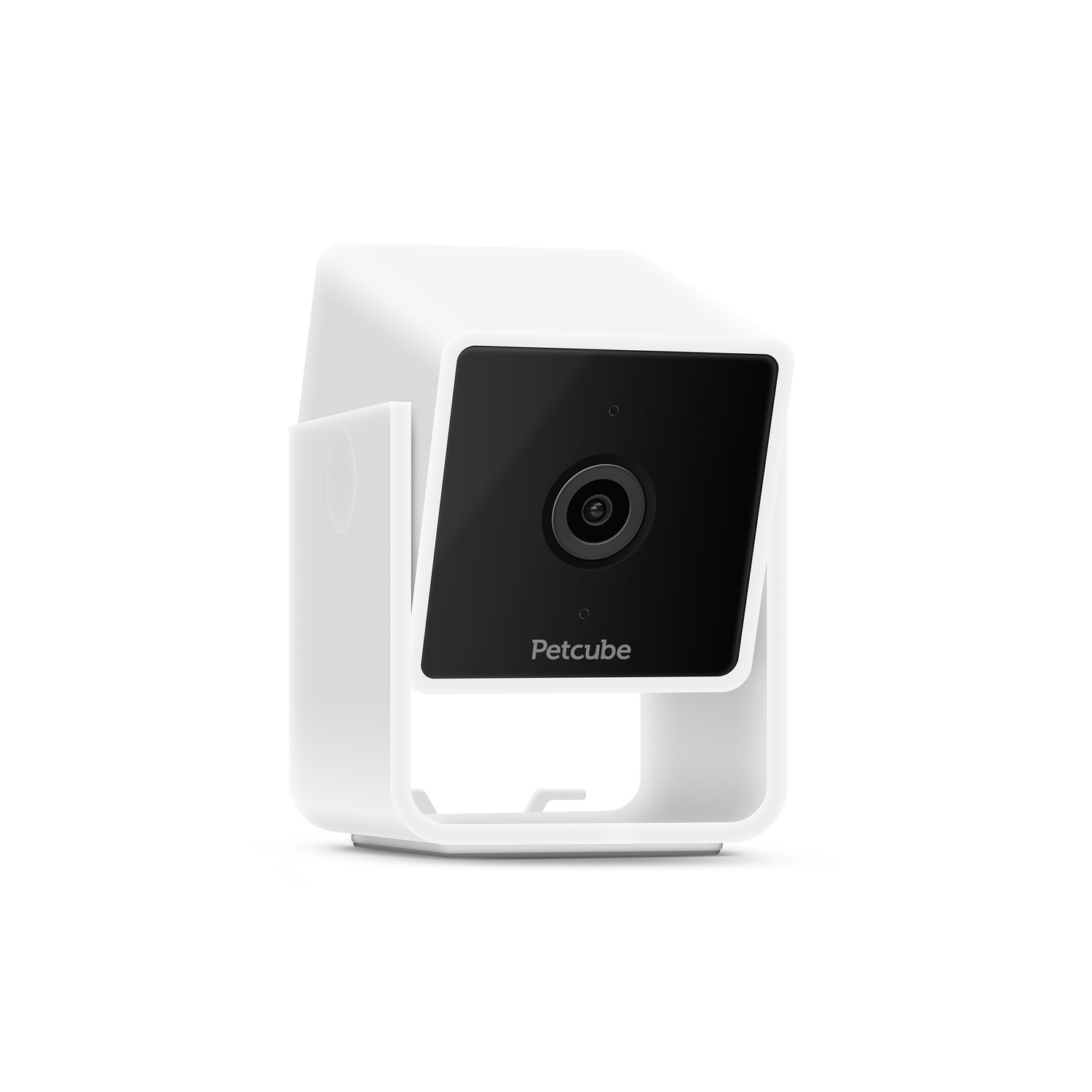 White Petcube camera with black lens, designed to monitor pets.