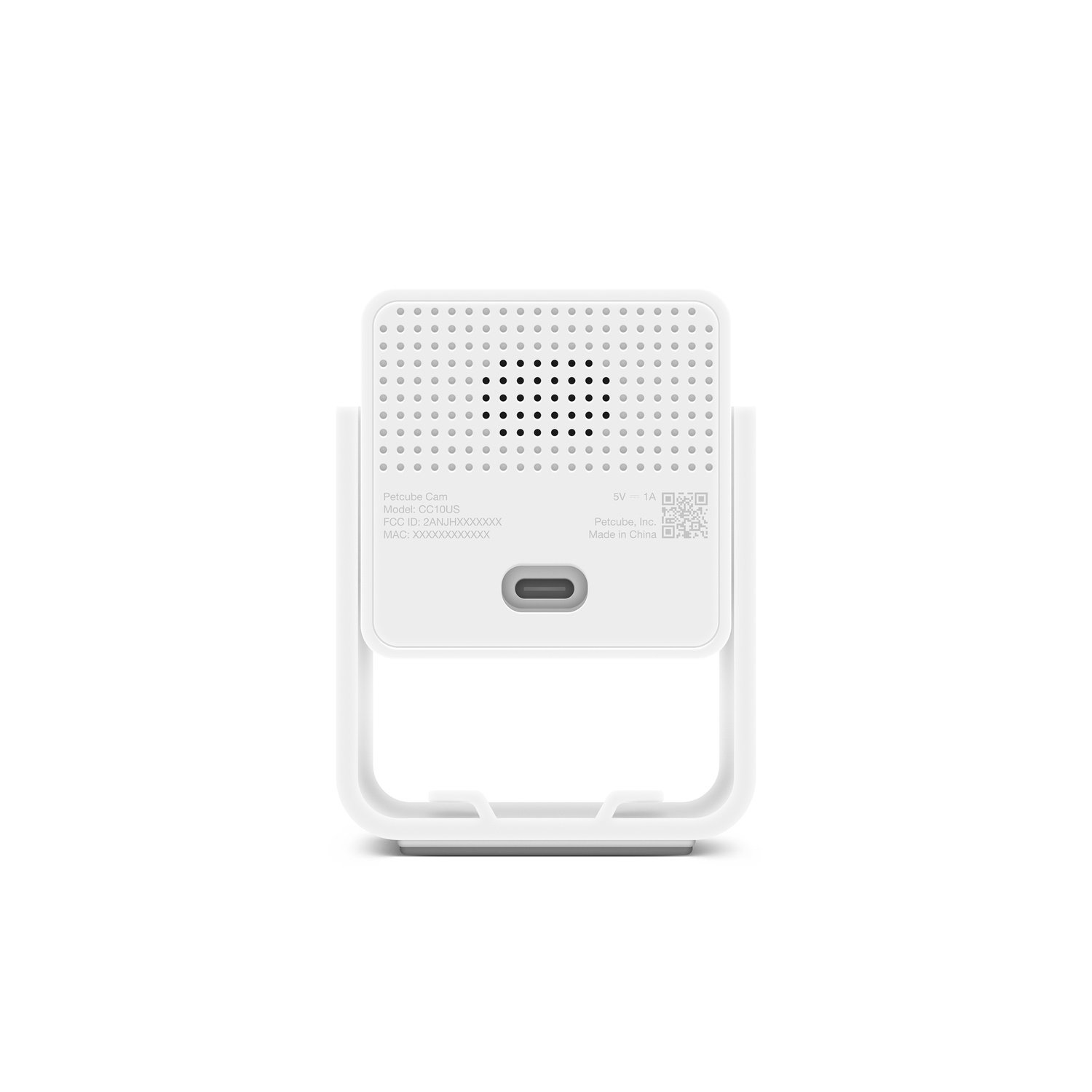 Back of a white Petcube Cam, featuring ports and details.