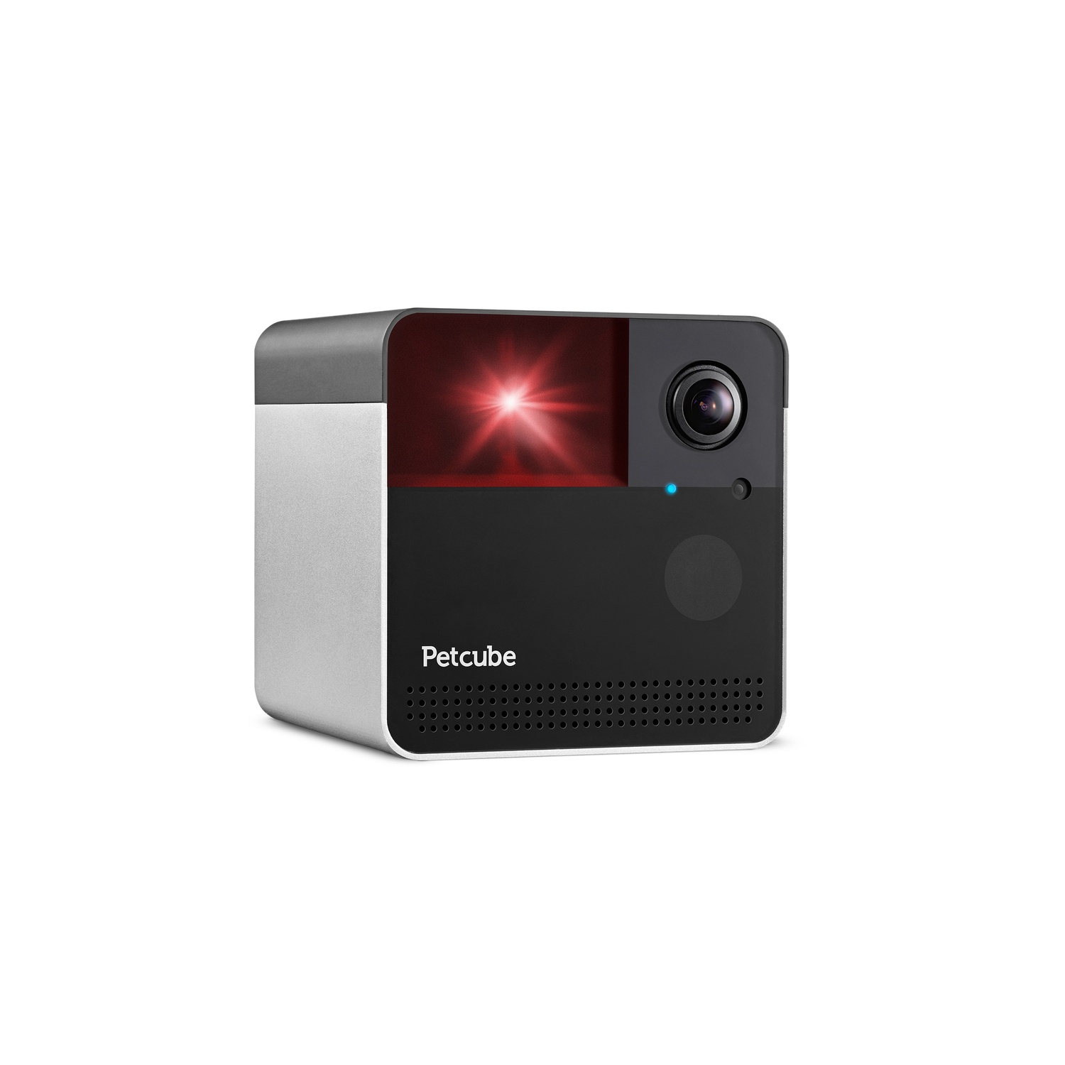 Petcube camera, black and silver, red light, small, on white. Front view.