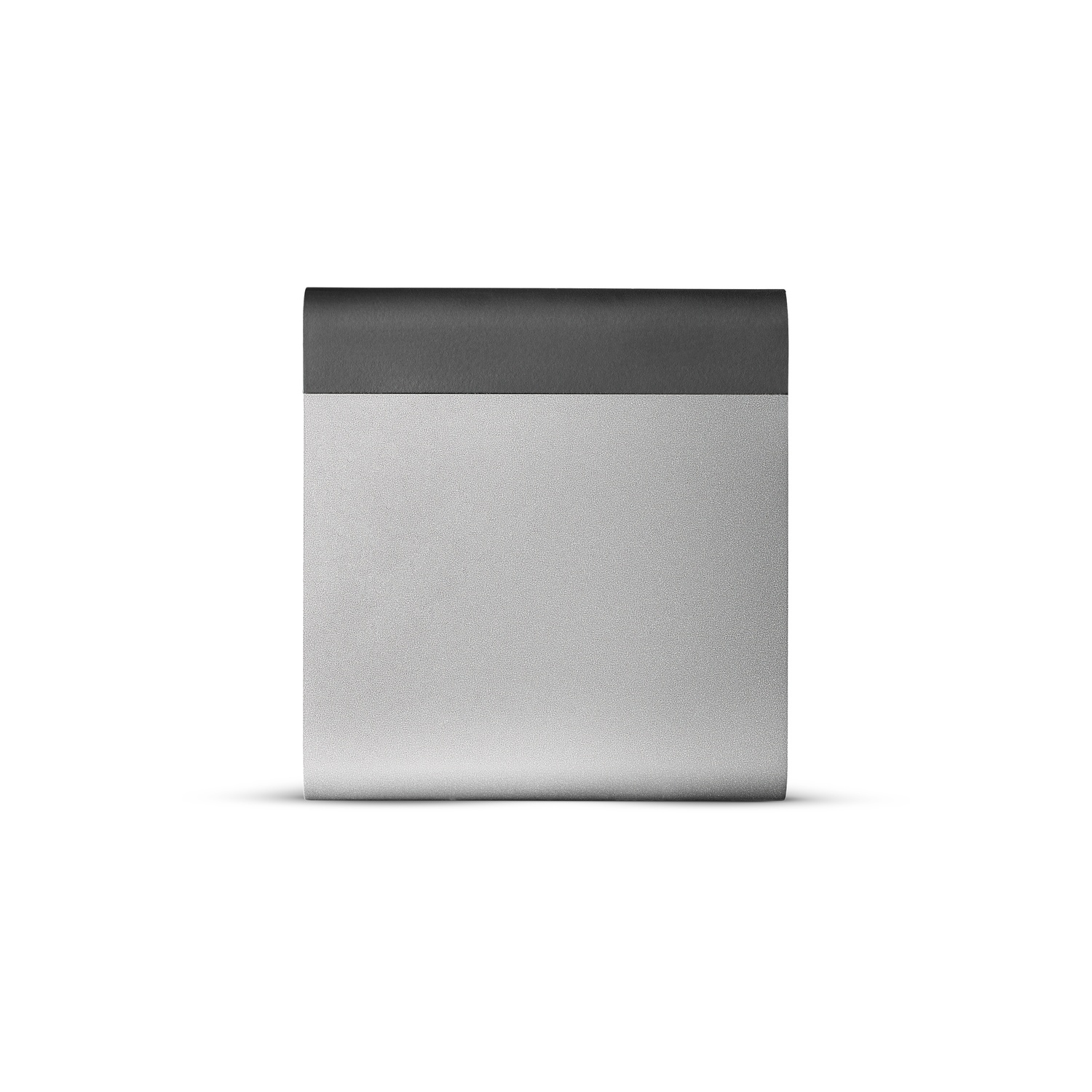 A small, silver and black box-like device isolated on a white background.