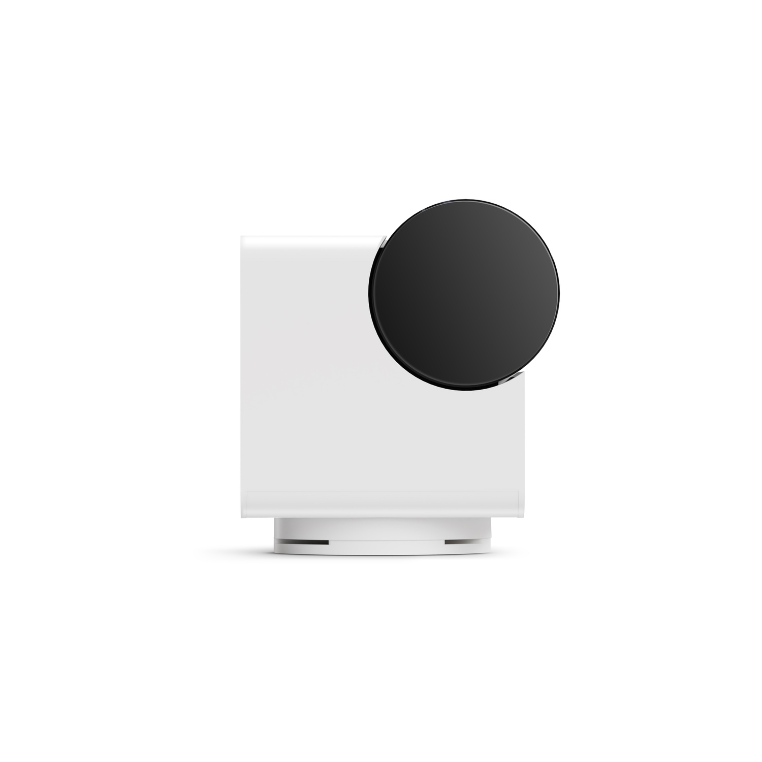 A white cube with a black circular top, likely a smart home device or camera.