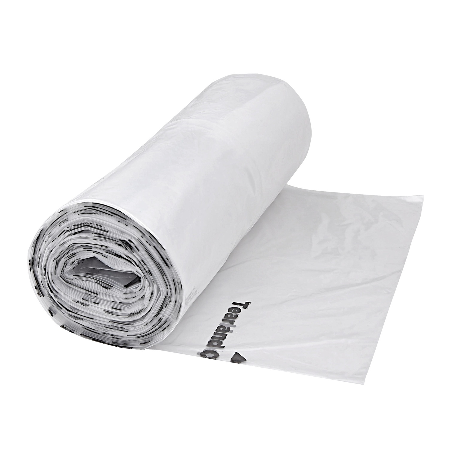 Roll of white plastic bags, black print, on a white surface.