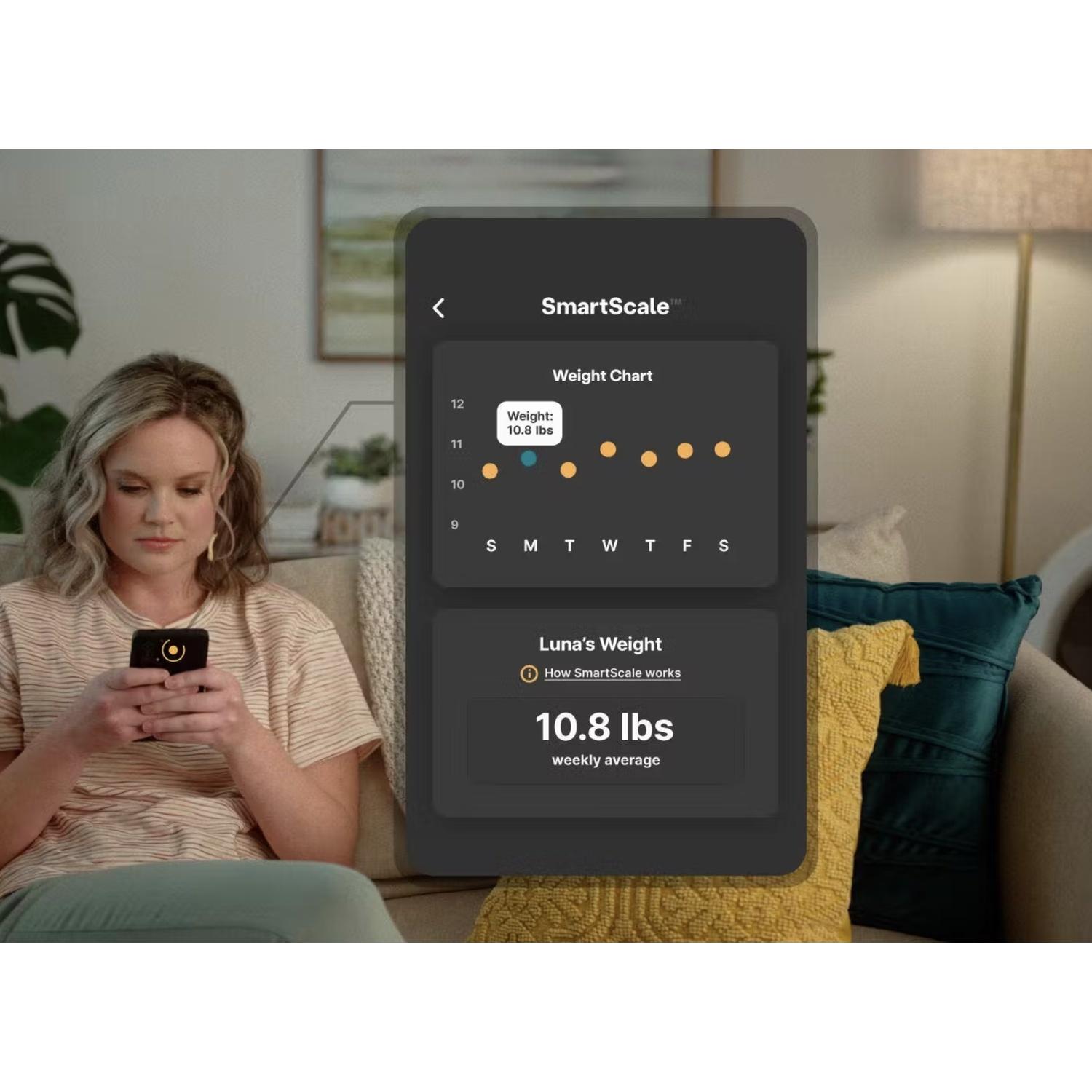 Woman using phone with weight chart on screen. Text: SmartScale.