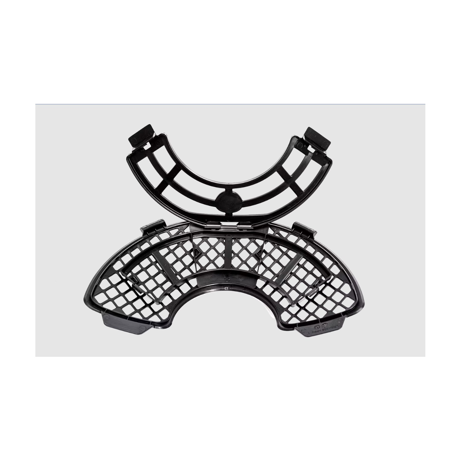 Two black plastic air fryer baskets on a light gray background.