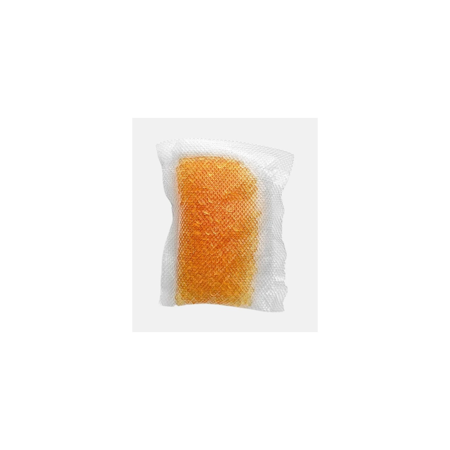 Orange gel pack in a white mesh bag. White background.