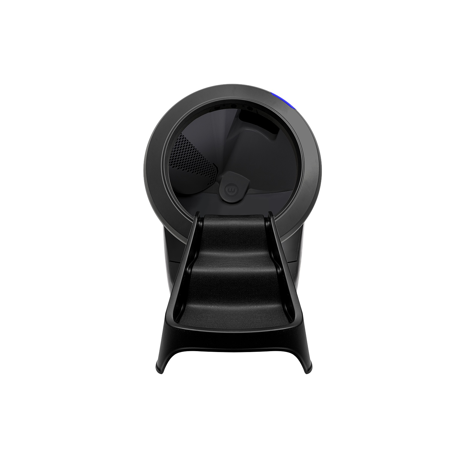 A black automated litter box. It has a step, a rotating compartment, and a blue light.