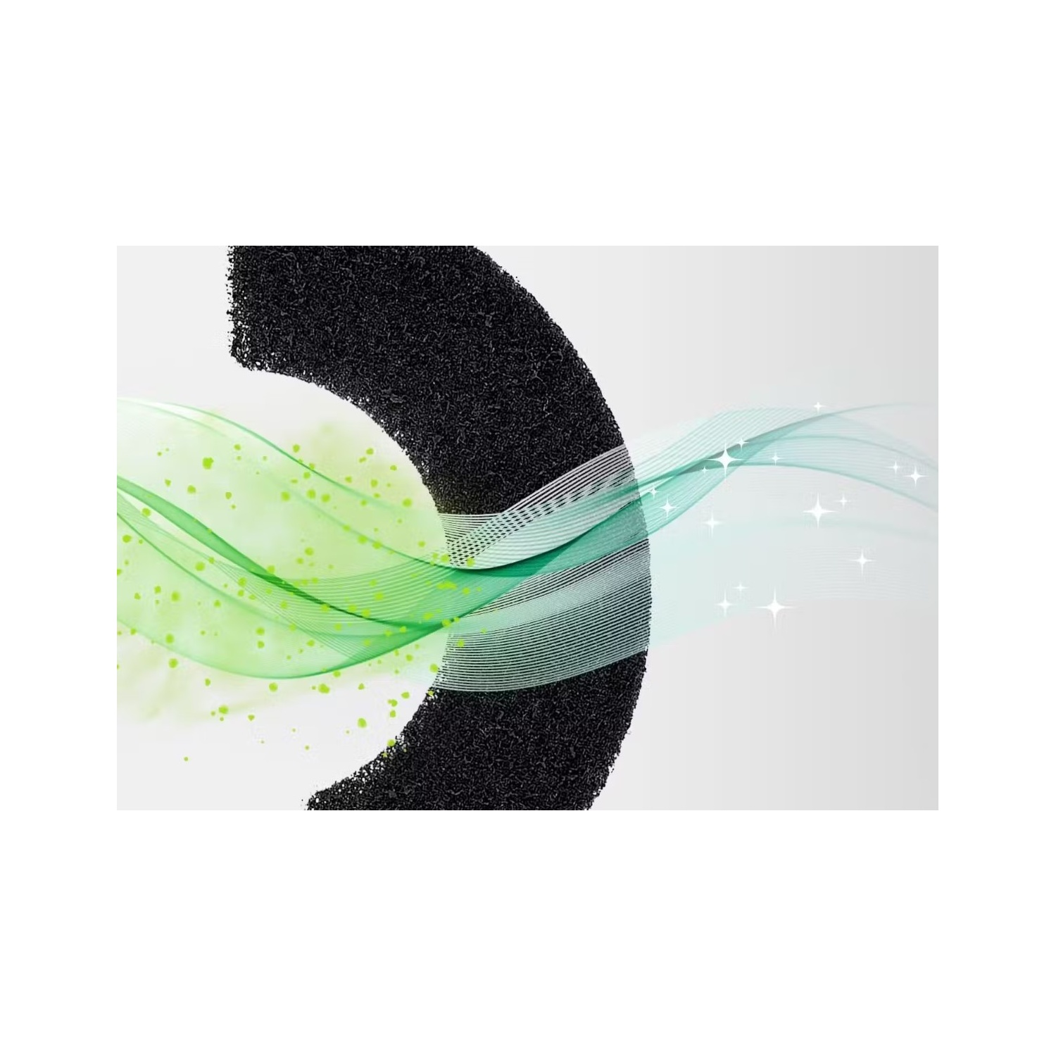 Black air filter with green and blue wavy lines. White background.