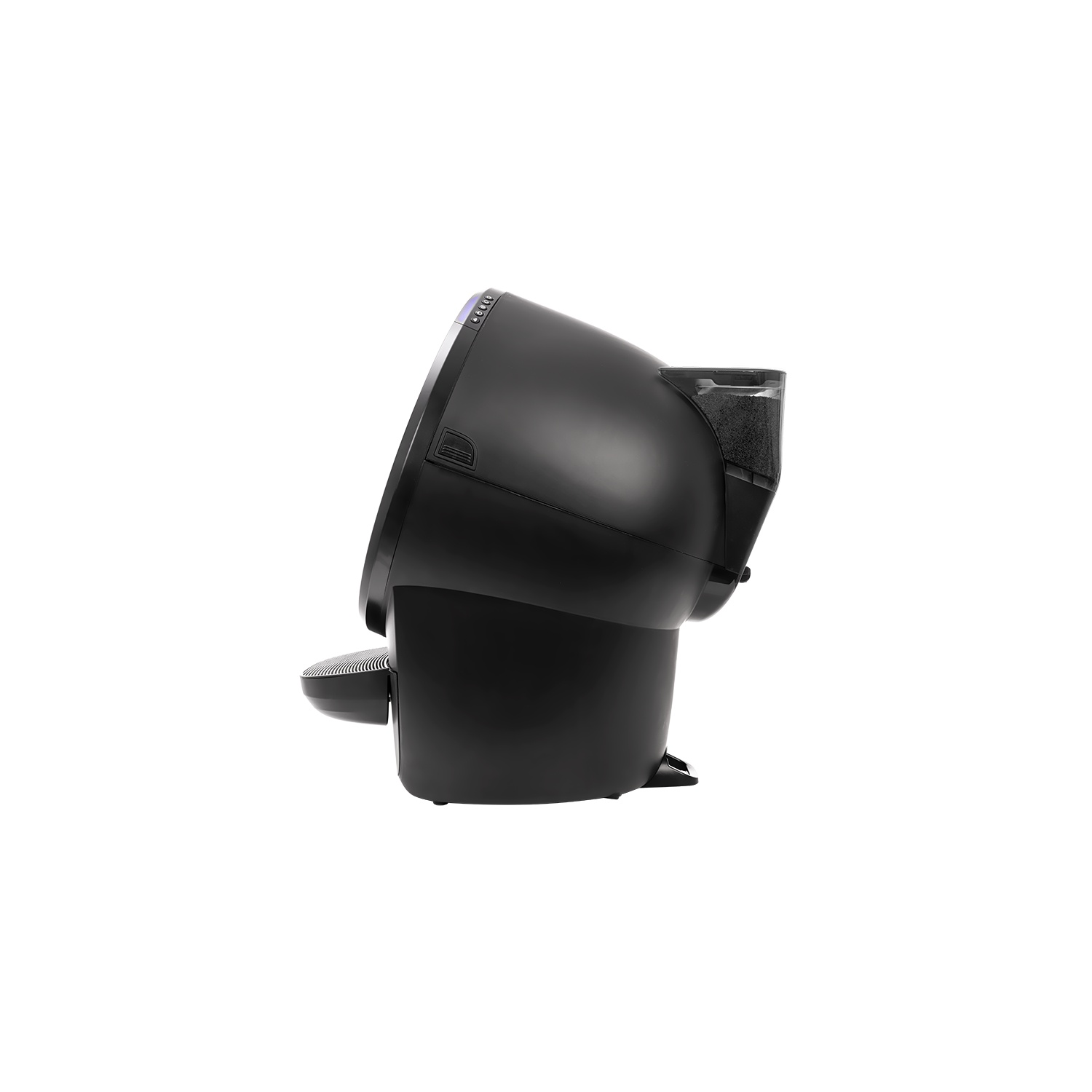 A black, automated litter box is shown, with a side view, against a white background.