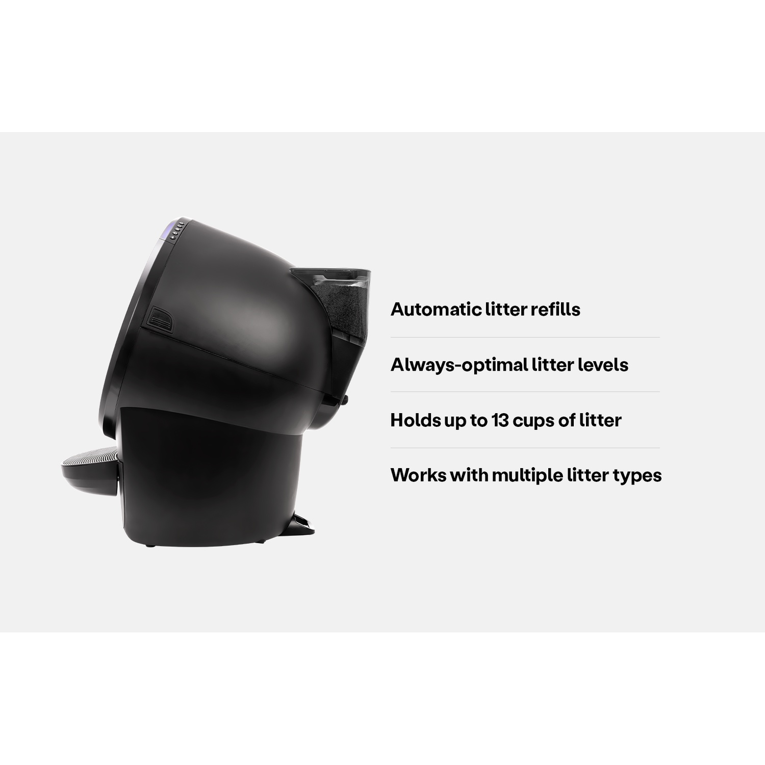A black pet litter box with text describing its features.
