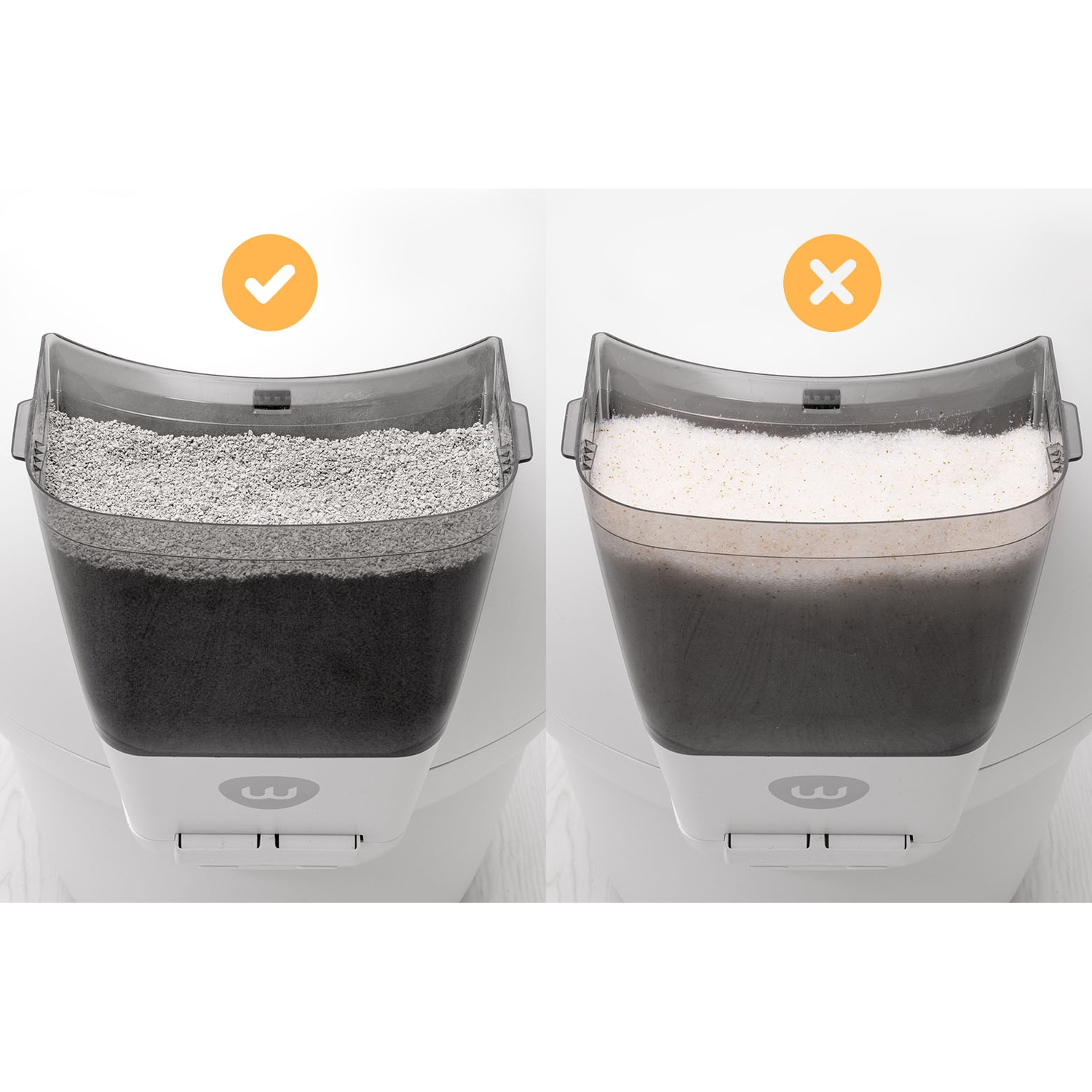 Two cat litter boxes showing different litter types; one filled, the other not.