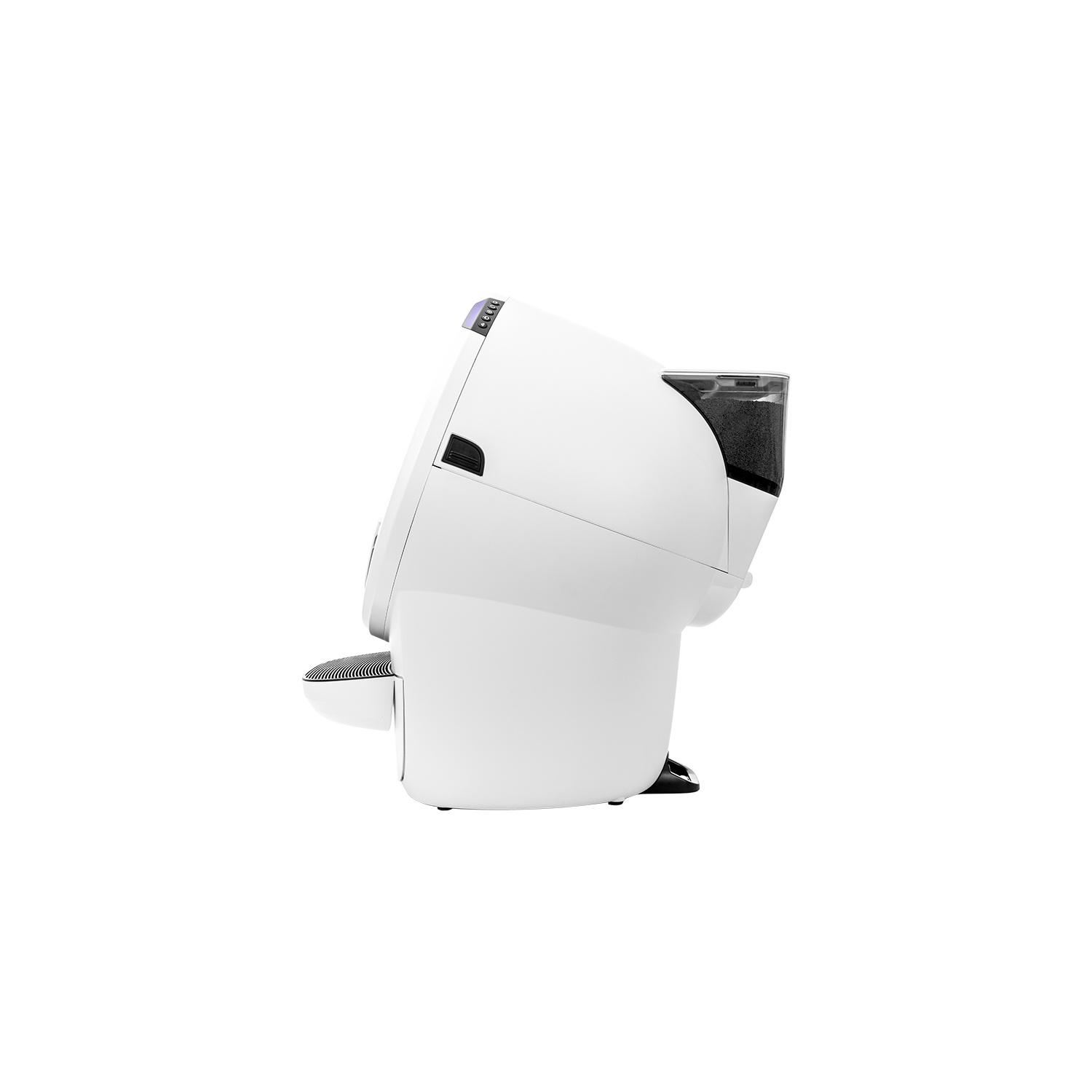 White, modern cat litter box. Side view, angled right.