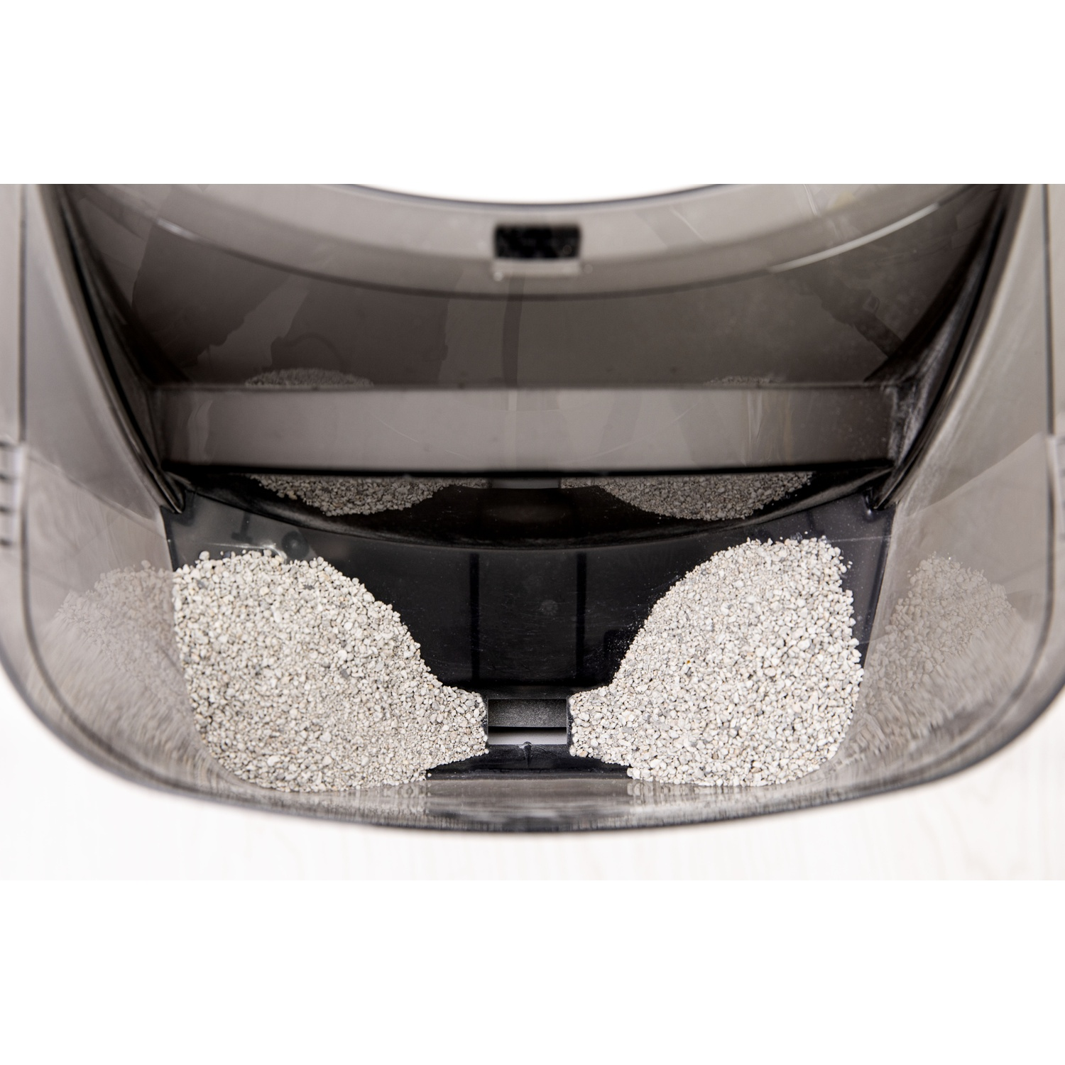 Close-up of cat litter box with litter, showing the inside of the box.