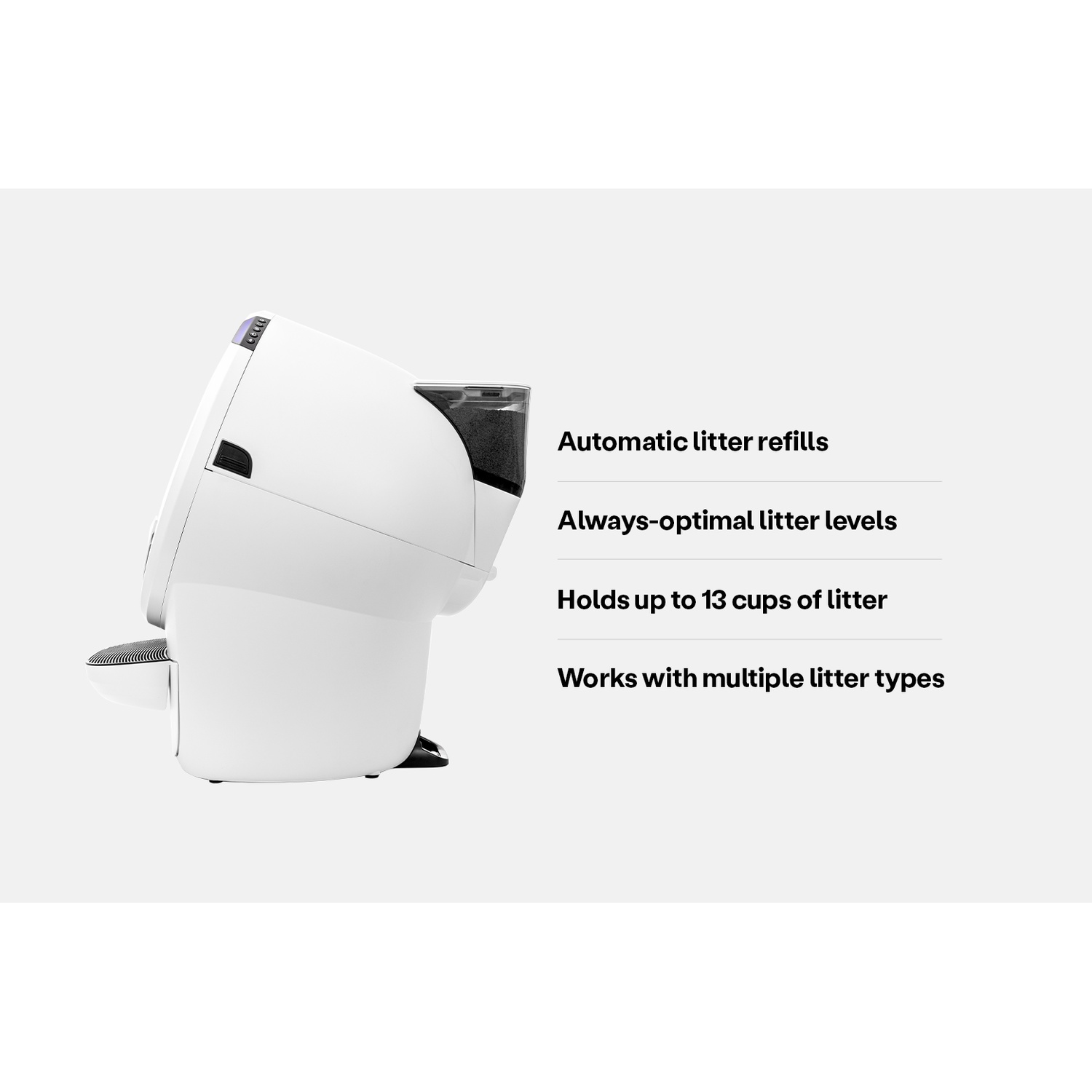 A white pet litter box with automatic refills and multiple litter types.