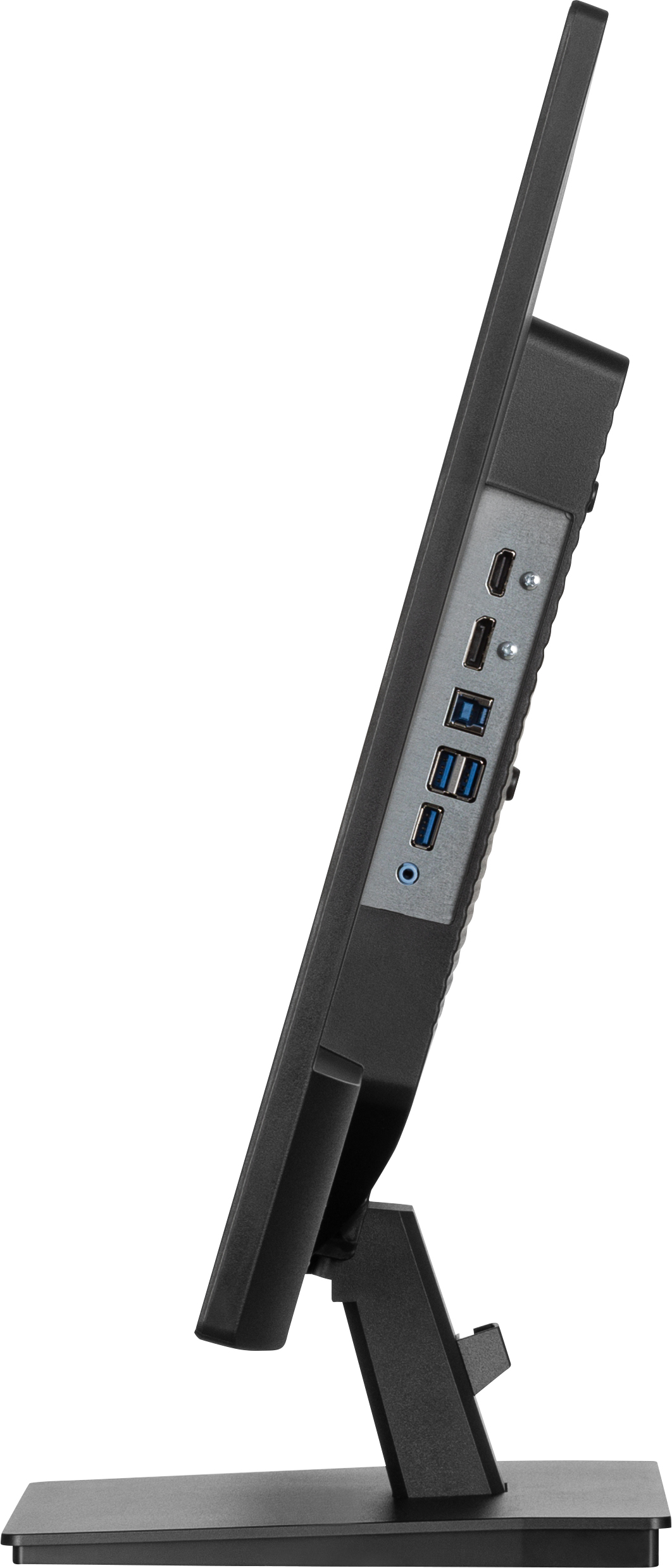 Czarny monitor komputera z boku, z portami i podstawą.