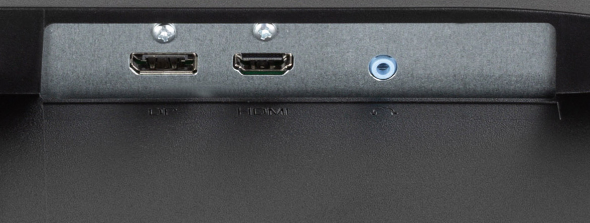 Zbliżenie wejść monitora: HDMI, DP i gniazdo audio, wszystko w ciemnej ramce.