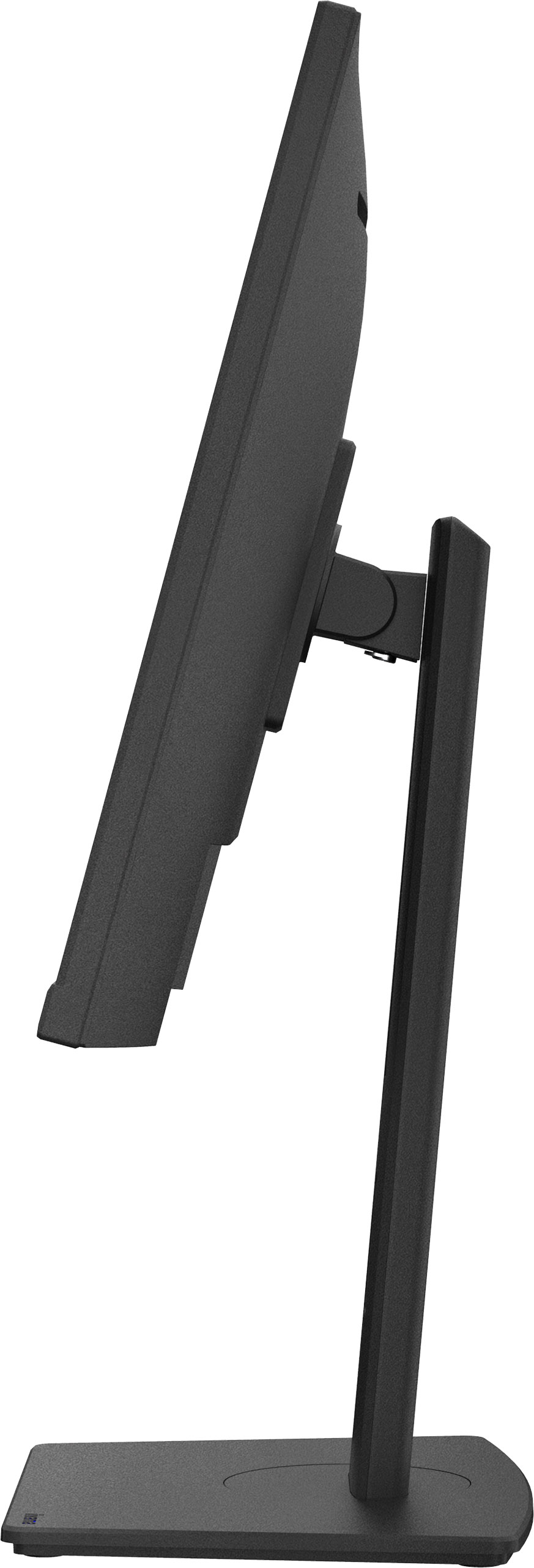 Czarny monitor z boku. Minimalistyczny design, czarna podstawka. Czyste, białe tło. Widok z boku.