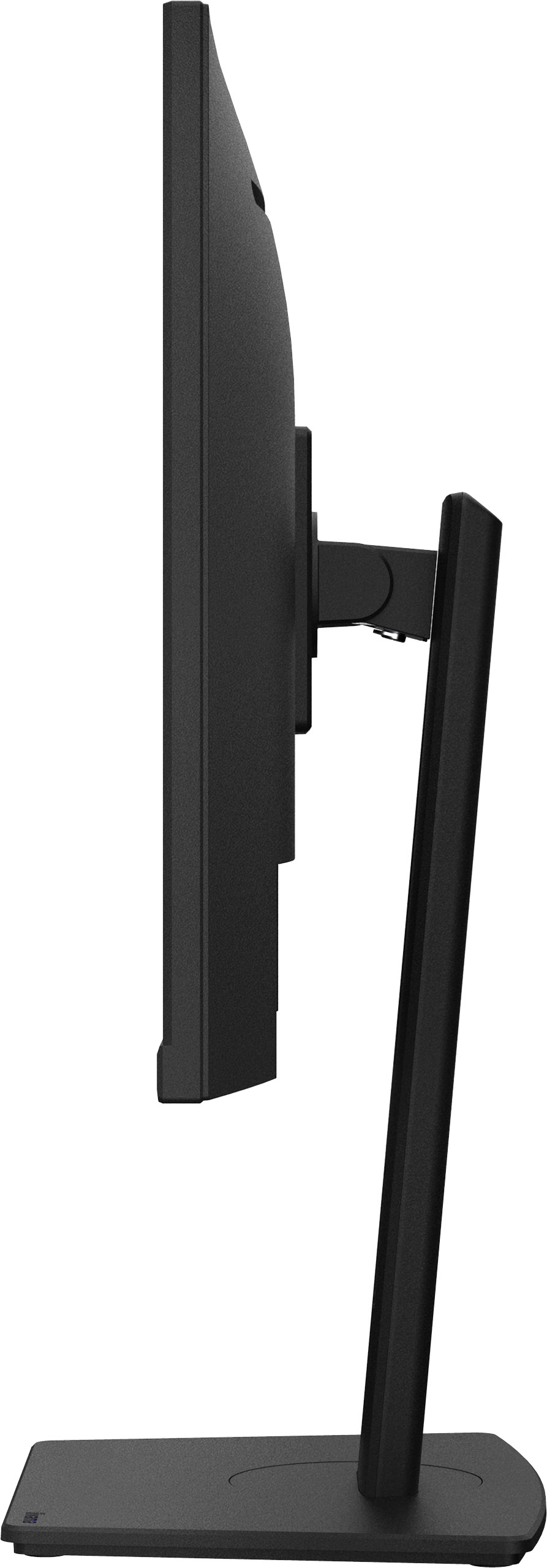 Widok z boku czarnego monitora na czarnym stojaku, odizolowanego na białym tle.
