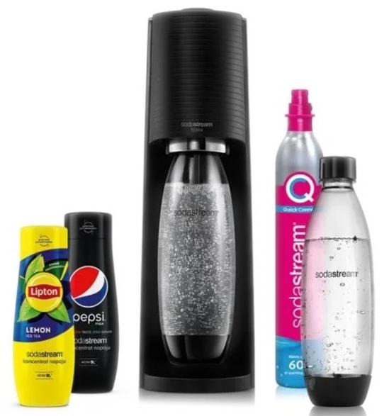 Saturator SODASTREAM Terra Black + CO2-kapsel 2 flaskor Fuse 1L siraper (Pepsi, Lipton) Svart