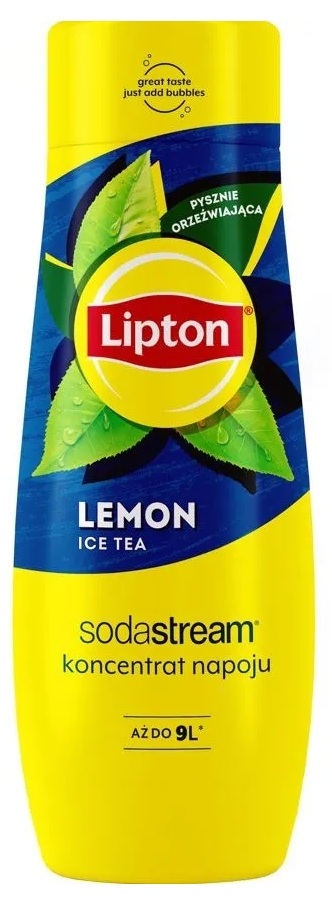 Żółta butelka Lipton Lemon Ice Tea z logo Sodastream.