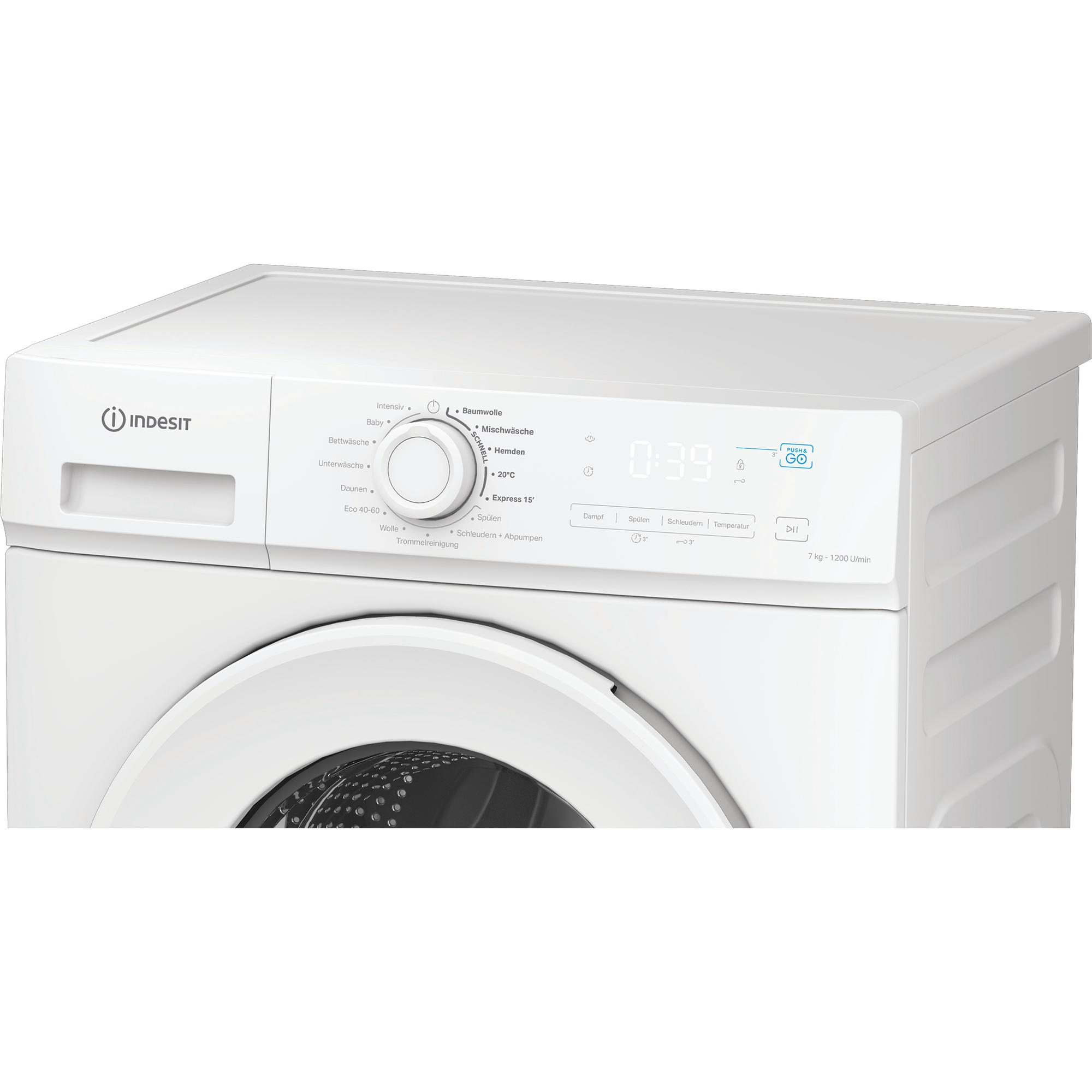Weißes Indesit Waschmaschinen-Bedienfeld mit Drehknopf und Digitalanzeige.