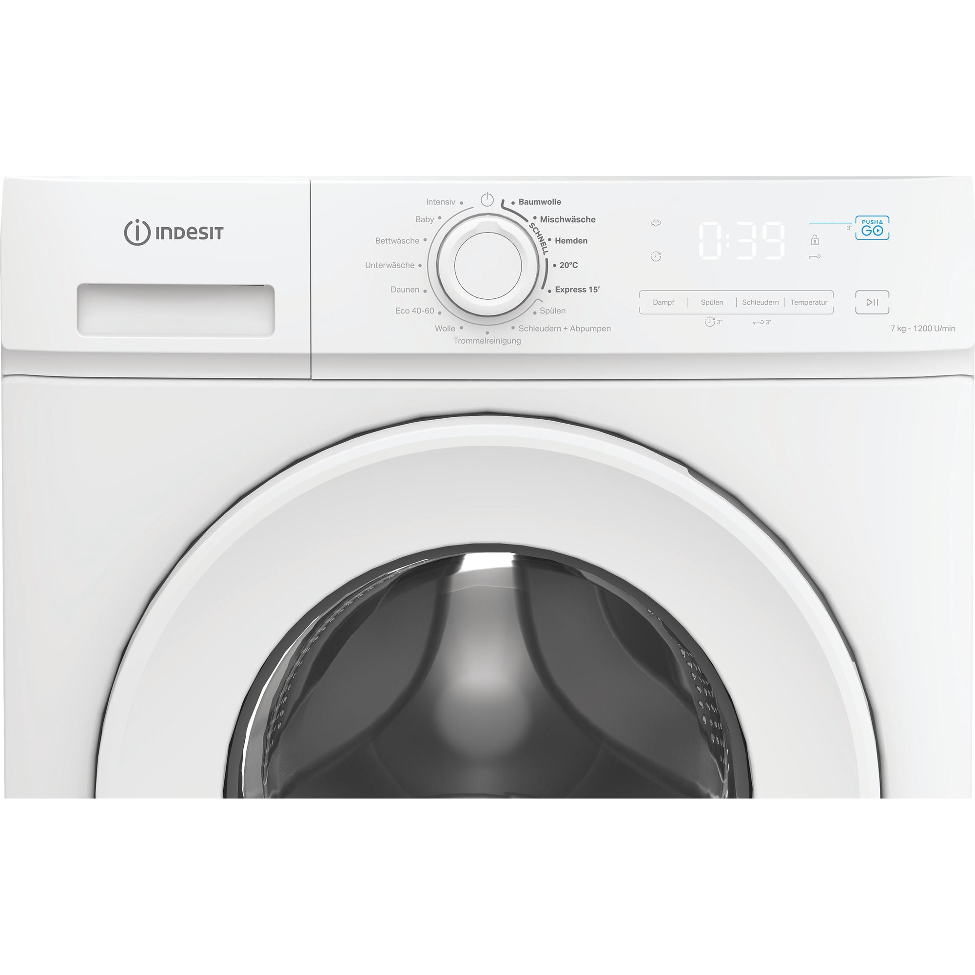 Weiße Indesit Waschmaschine mit runder Tür und Bedienfeld.
