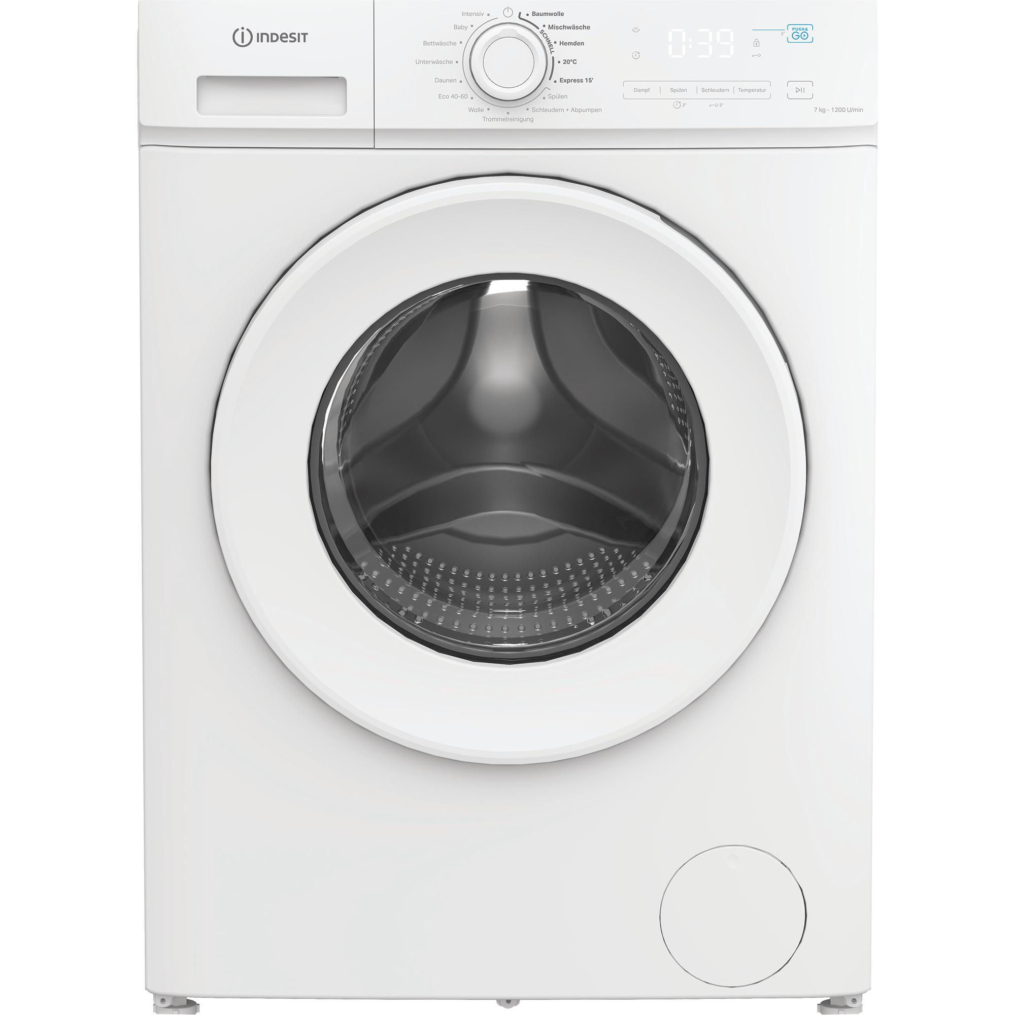 Weiße Indesit Waschmaschine, Frontansicht, isoliert auf Weiß.