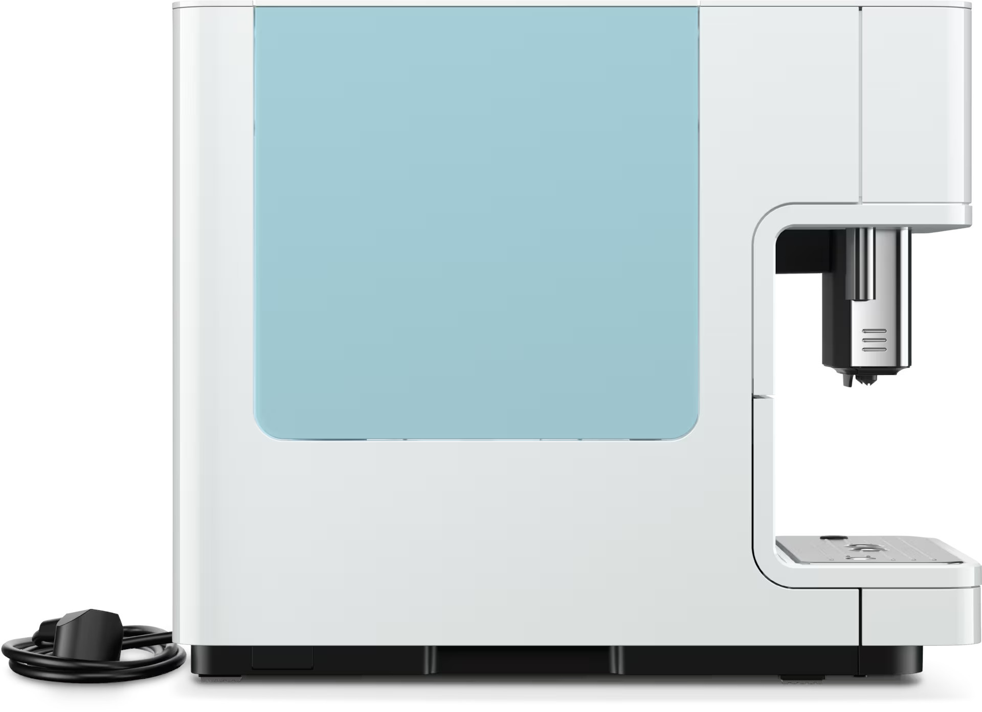 Biały ekspres do kawy z jasnoniebieską sekcją, czarnym kablem.