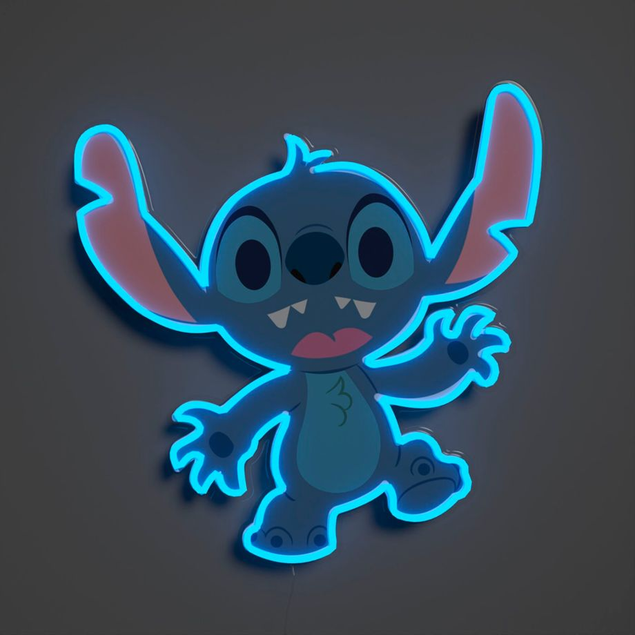Neonowa figurka Stitch, niebieska z różowym konturem.