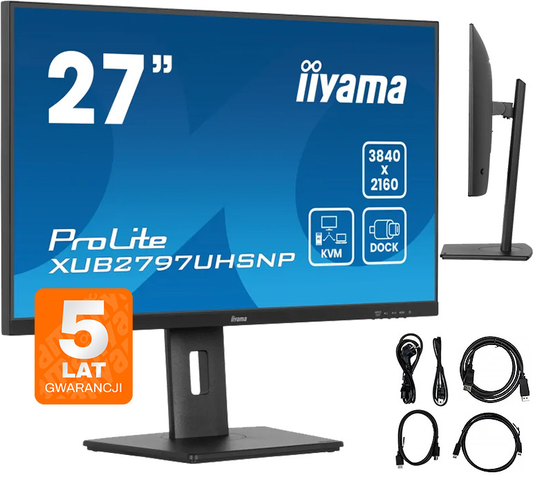 27-calowy monitor komputerowy iiyama, czarny, z kablami i podstawą.