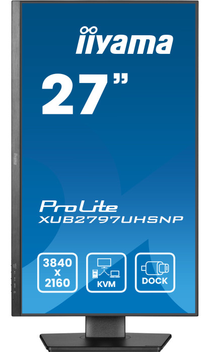 Pionowy monitor komputerowy z marką iiyama i specyfikacjami na ekranie.