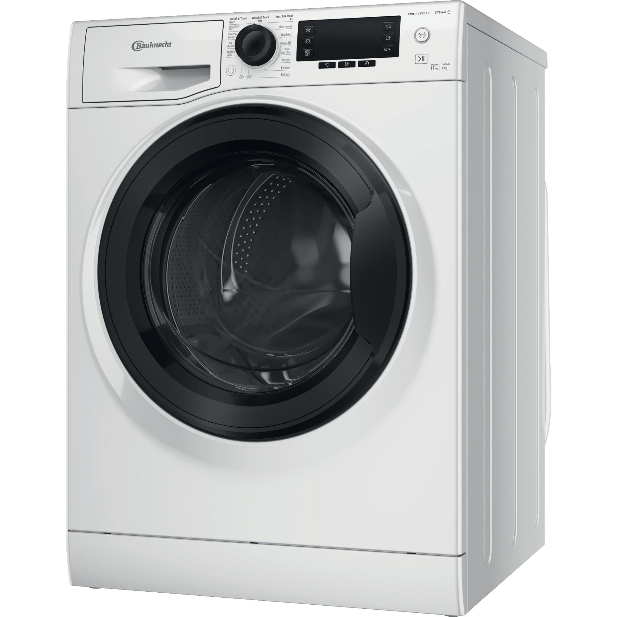 Eine weiße Waschmaschine mit schwarzer Tür und Bedienfeld.