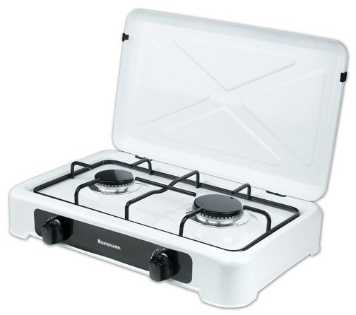 Biała przenośna kuchenka gazowa z dwoma palnikami, otwartą pokrywą.