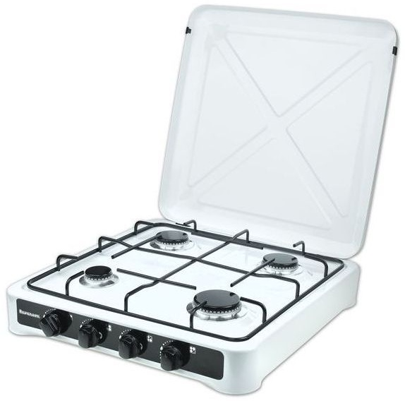 Biała kuchenka gazowa z czterema palnikami.