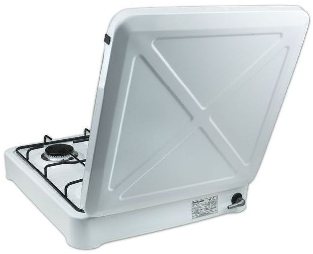 Biała przenośna kuchenka gazowa z otwartą pokrywą.