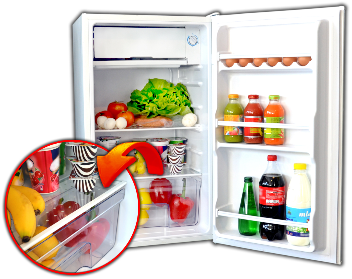 Wnętrze lodówki wypełnione produktami spożywczymi. Wyróżniona szuflada.